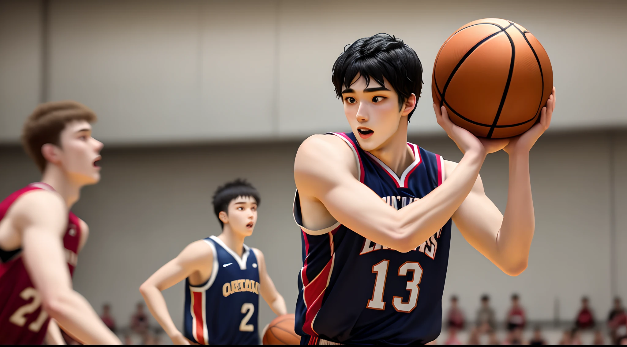 A tall guy with black hair and eyes playing basketball.
