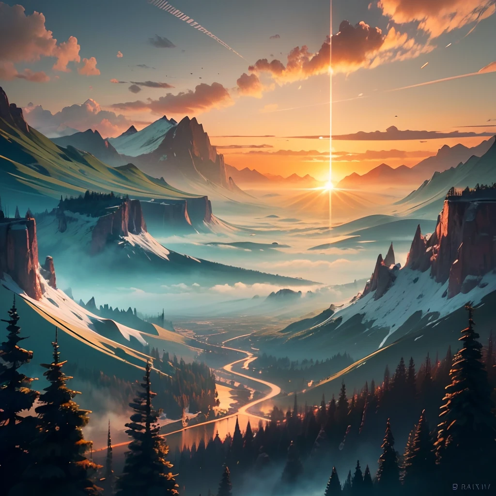 Please create a beautiful sunset landscape with towering mountains in the surrounding. Add a touch of drama to the evening sky with warm hues of sunlight radiating behind the mountains. Ensure that the details of the mountains and the resulting shadows are distinct, showcasing various layers of land and vegetation. Utilize Midjourney to present the beauty of this natural scene in a captivating digital artwork. --auto --s2