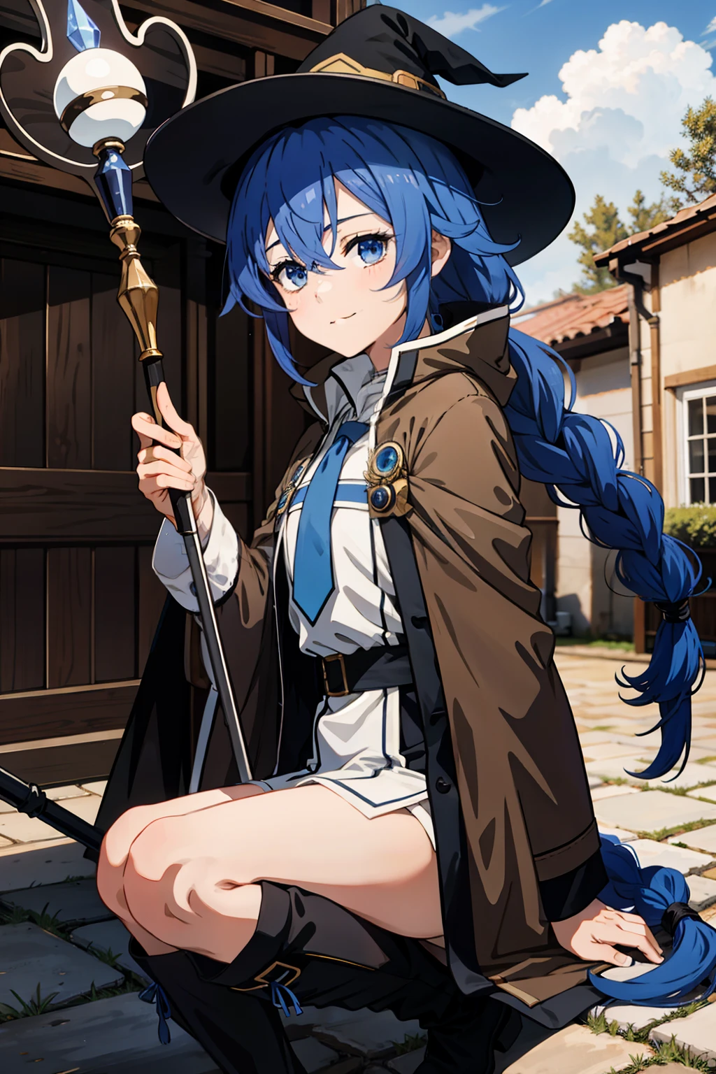 1girl, Roxy Migurdia, witch hat, blue eyes, blue hair, twin braid, twintails, (brown coat:1.1), cape, robe, braided ponytail, knee boots, witch, holding, holding magic staff, black socks, hair ribbon, ribbon, looking at viewer, socks, smile, closed mouth, outdoor, sun,, (masterpiece:1.2), highres, best quality, 8k, very clear,