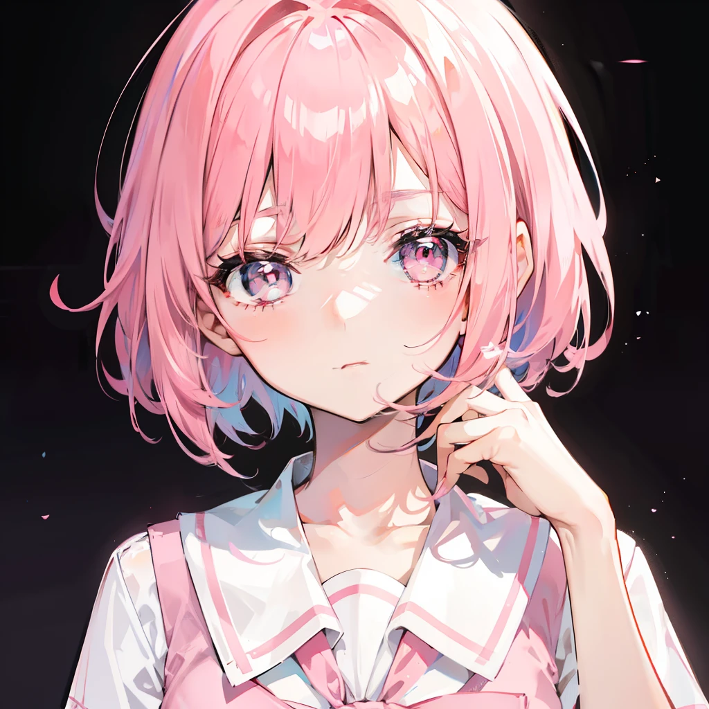 Short pink hair with a sense of transparency，Wearing a light pink school uniform，Light pink pupils，Super cute sweet girl