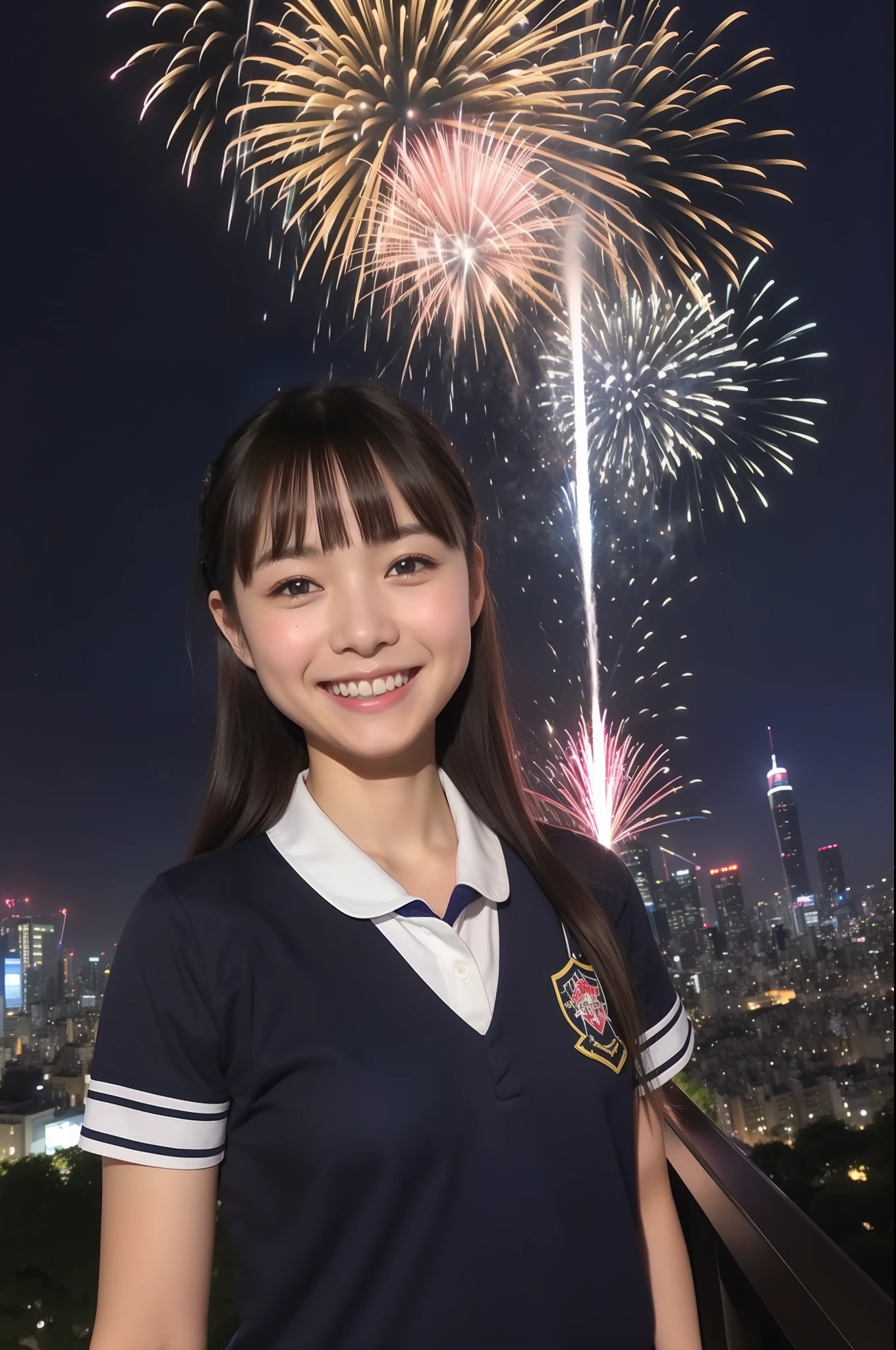 A smile、hi-school girl、校服、While doing fireworks、mare、Tokyo Skytree