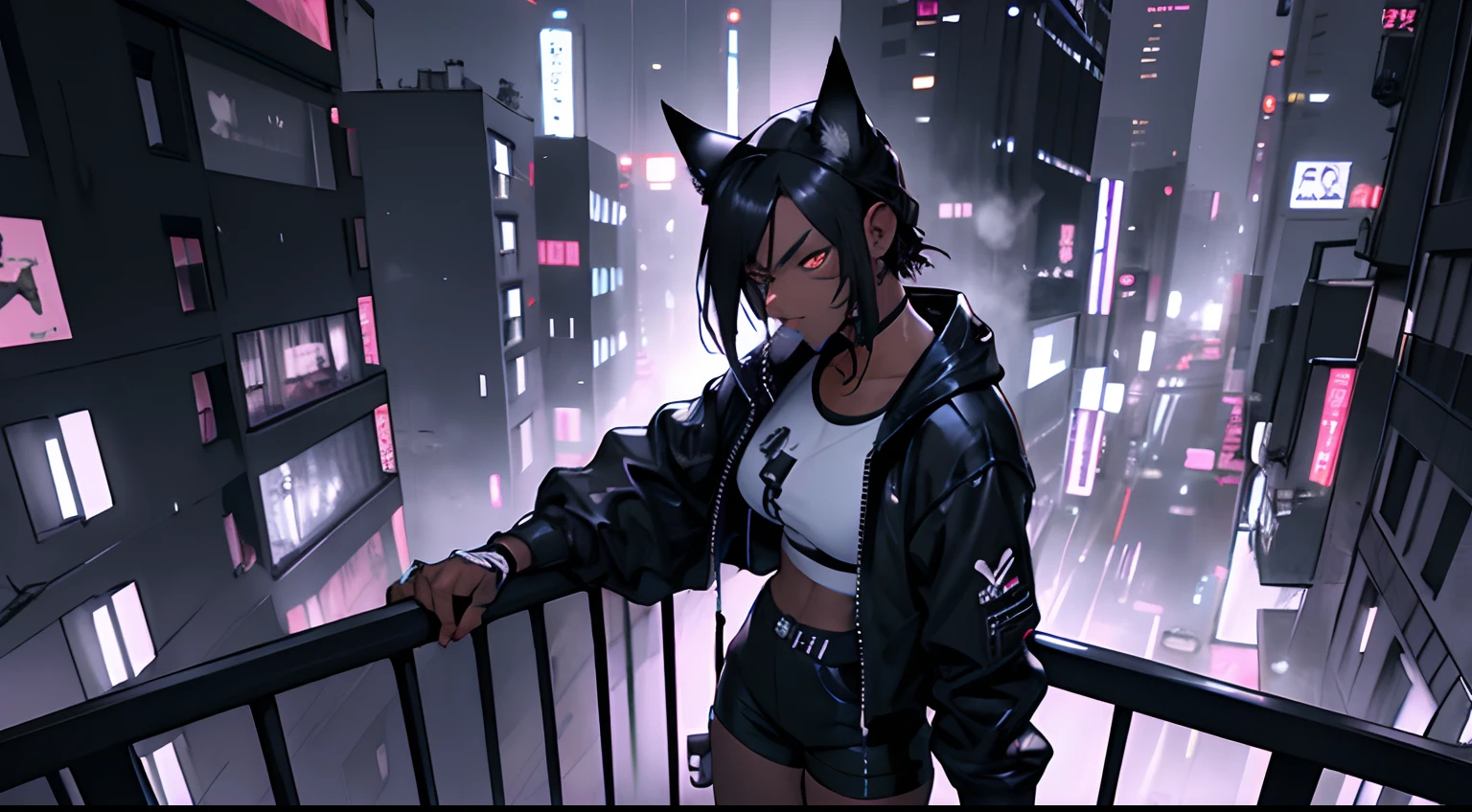 1girl, black hair, athletic, robot, casual, animal ears, large assault rifle, colorful, kitana on back, noir, mystery, thick waist medium breast, muscular, tomboy, cyberpunk, nekomata, warrior, sexy outfit, looking at city from above , anime, realistic, rainy night city, dark skin, leaning on balcony smoking cigarette with pet cat sitting on shoulder, black and white colors, high quality, non distorted,