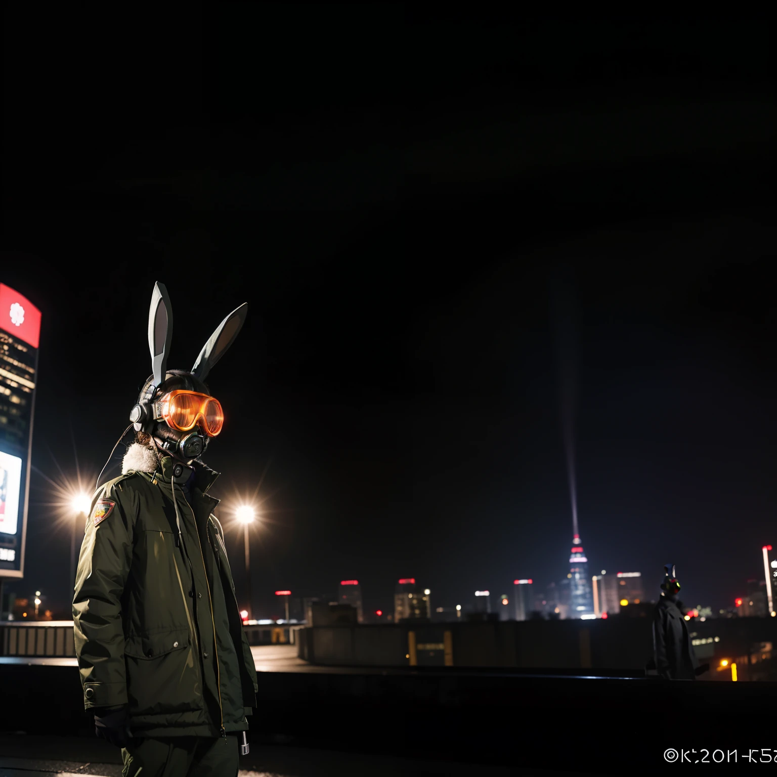 masutepiece, Best Quality, Military coat, city at night background, a gas mask, Robot goggles, headphones, Bunny Hat, Cross-processing effect
