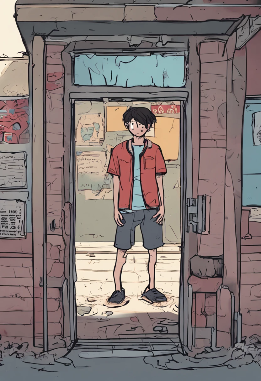 Male college student wearing slippers,Shorts and regular T-shirts,Standing in the corner of the school gate, His hair is messy,Tear stains on the face,Red, Swollen eyes,He covered his face with his hands,From time to time there was a whimpering sound,His entire gesture exudes deep sadness and loss