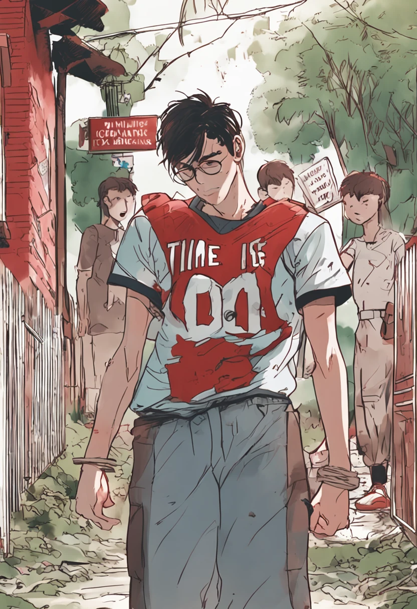 Male college student wearing slippers，Shorts and regular T-shirts，Standing in the corner of the school gate, His hair is messy，Tear stains on the face，Red, Swollen eyes，He covered his face with his hands，From time to time there was a whimpering sound，His entire gesture exudes deep sadness and loss