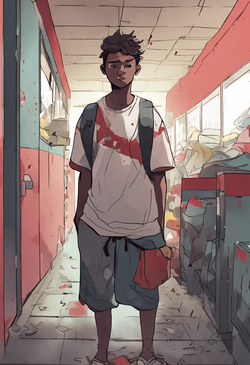 Male college student wearing slippers，Shorts and regular T-shirts，Standing in the corner of the school gate, His hair is messy，Tear stains on the face，Red, Swollen eyes，He covered his face with his hands，From time to time there was a whimpering sound，His entire gesture exudes deep sadness and loss