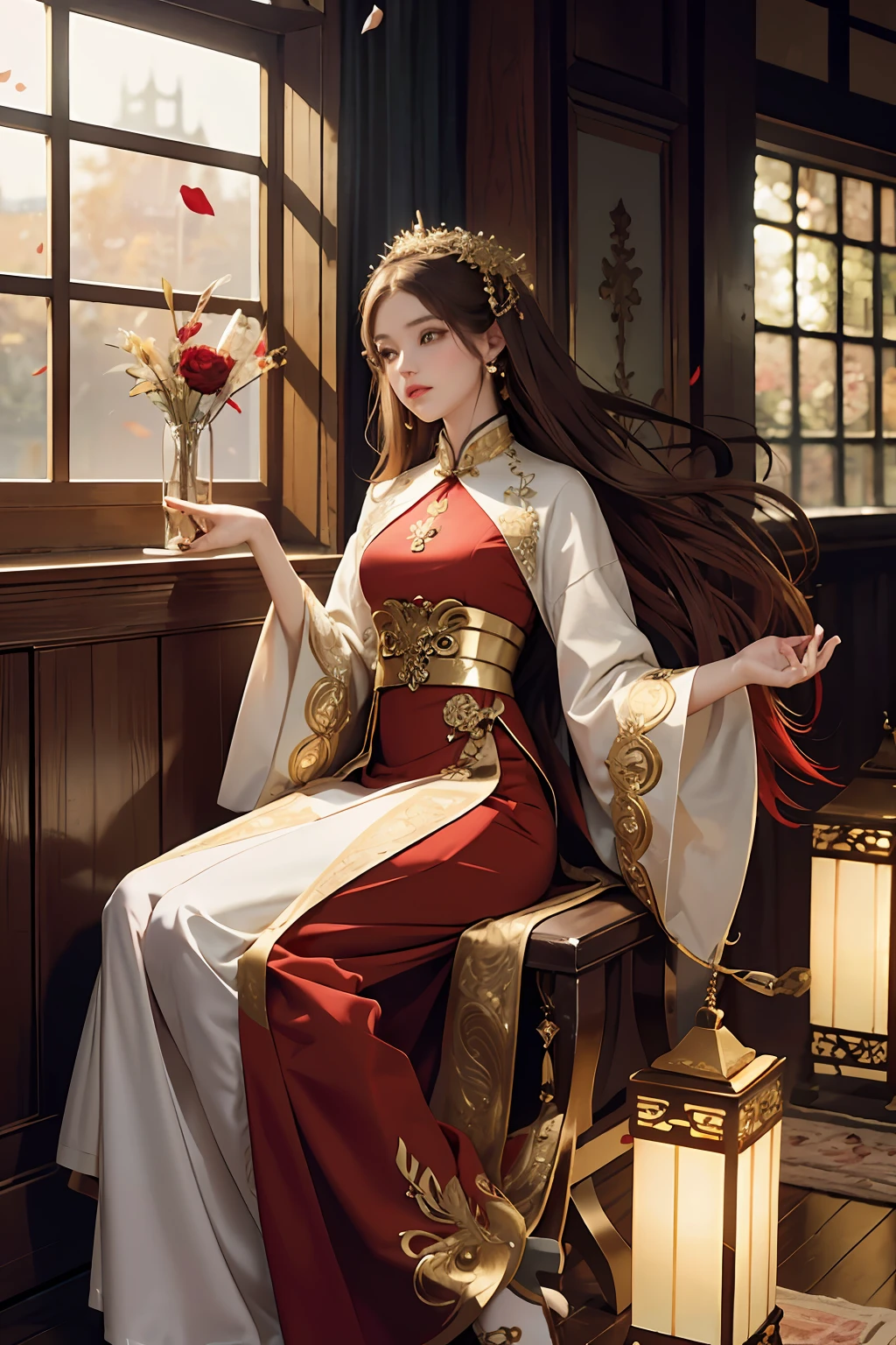 best quality, masterpiece, highres, (exquisite body:1.5),gorgeous face,(milky skin:1.3),intricate details,high resolution,wallpaper,
1girl, solo, dress, hair ornament, (((gold and red dress))), flowers, long hair, brown hair, closed mouth, jewelry, long sleeves, hand up, wide sleeves, big eyes,floating hair, chinese clothes, hanfu, embroidery, long skirt, natural pose, falling petals, indoor,fanning, lantern,
16K,HDR,highres,depth field,(film grain:1.1),boken,golden hour,(lens flare),vignette,rainbowing,(color grading:1.5)