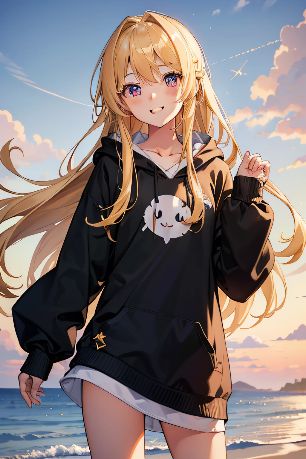 beautiful blonde hair girl, long hair, sunrise, ((best quality, high resolution)), strong wind, smiling at viewer, looking form the side, ((flat chest, small breasts)), dress, sweatshirt, starred sky, star shaped pupils, detailed face, detailed eyes, black hoodie, middle of nowhere, photo from below, strong wind, hand on hair,