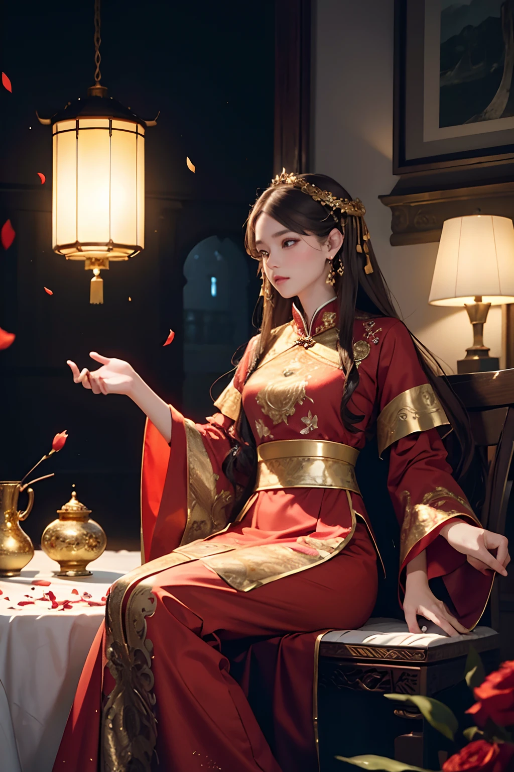 best quality, masterpiece, highres, (exquisite body:1.5),gorgeous face,(milky skin:1.3),intricate details,high resolution,wallpaper,
1girl, solo, dress, hair ornament, (((gold and red dress))), flowers, long hair, brown hair, closed mouth, jewelry, long sleeves, hand up, wide sleeves, big eyes,floating hair, chinese clothes, hanfu, embroidery, long skirt, natural pose, falling petals, indoor,fanning, lantern,
16K,HDR,highres,depth field,(film grain:1.1),boken,golden hour,(lens flare),vignette,rainbowing,(color grading:1.5)