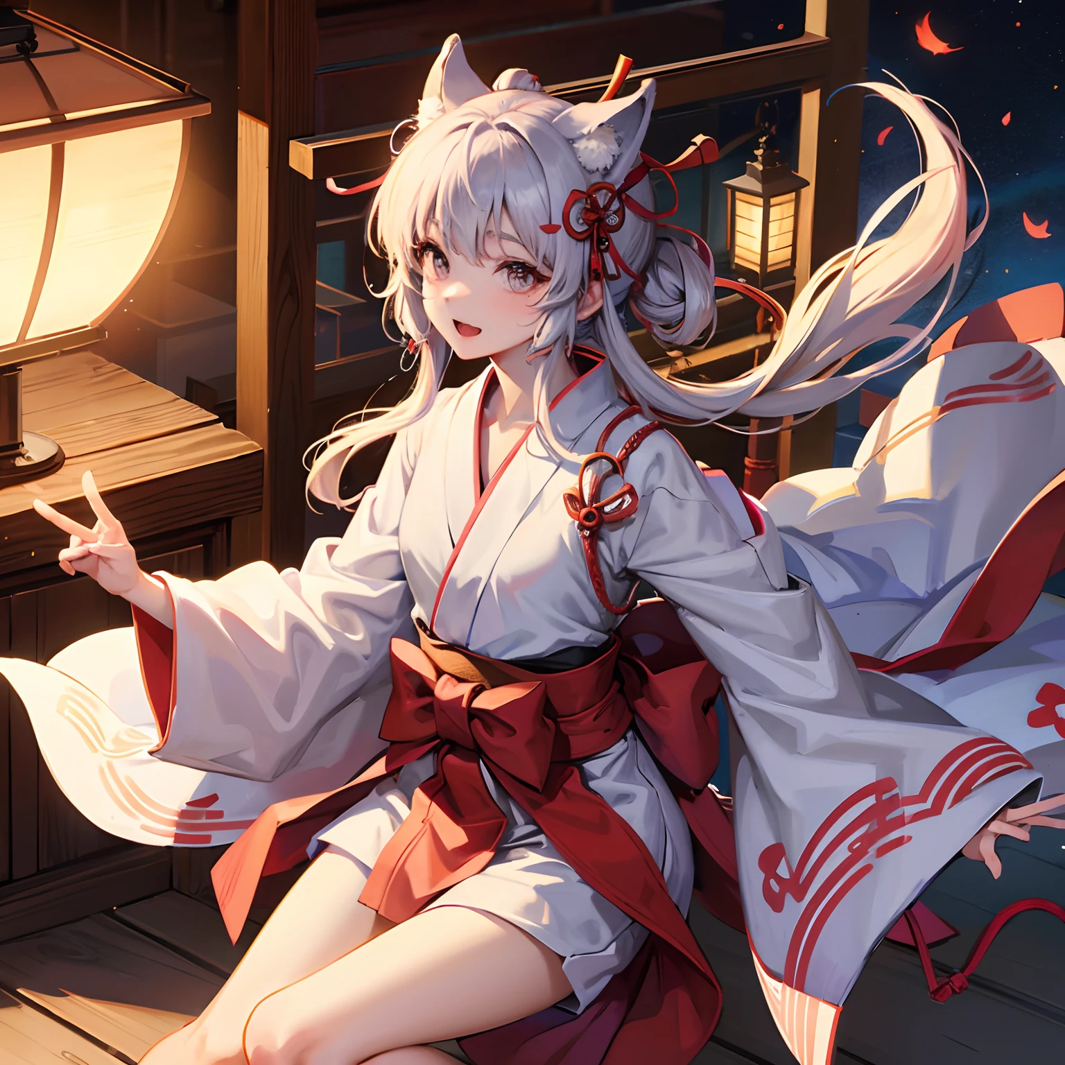 Silver-haired red eyes、 girl、small breasts、Ponytail、fox ears、Has a bell around his neck、smile、Miko costume、shrine、night view、girl、small breasts、Ponytail、ニコニコsmile、Looks about 、Petan Musume、he is short