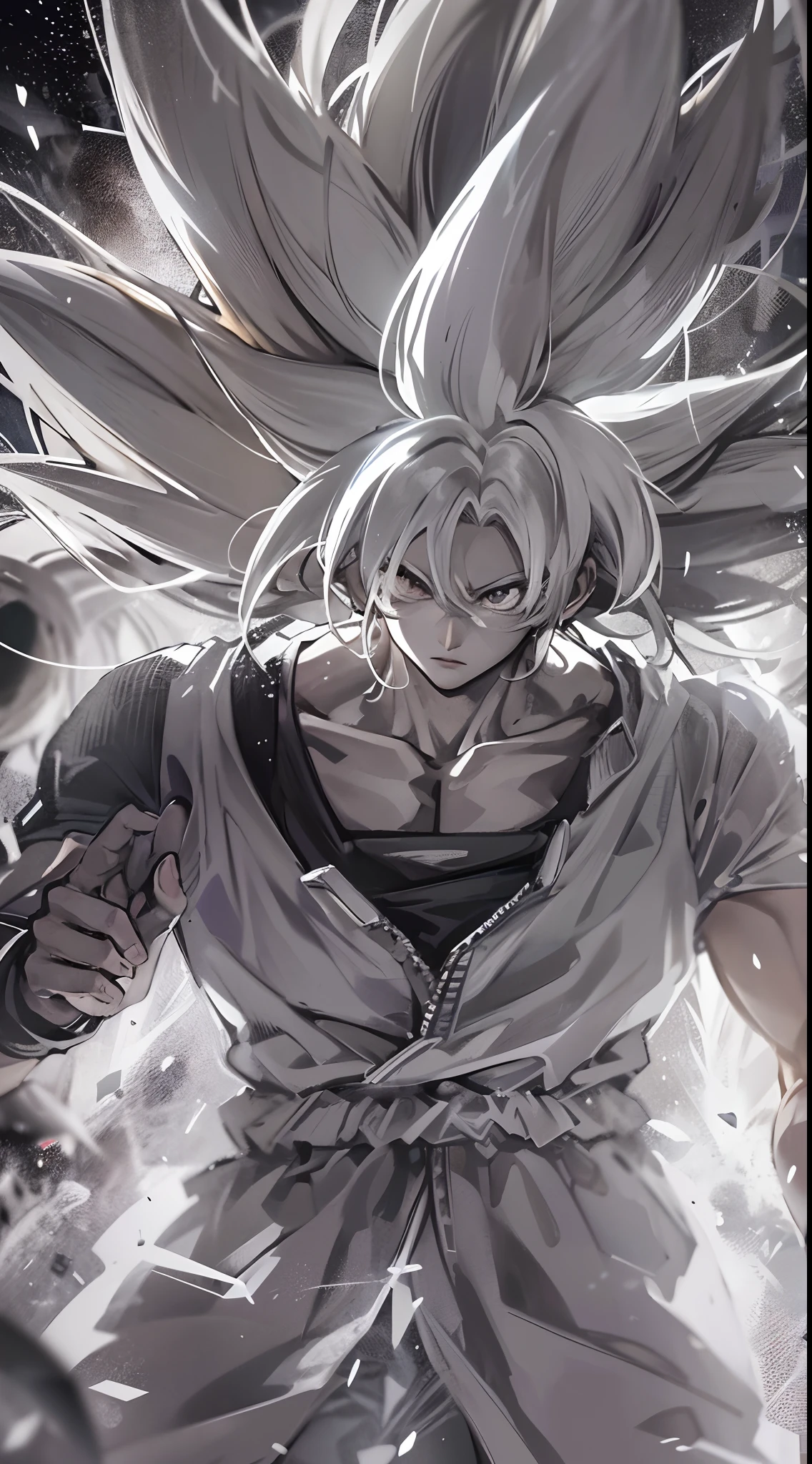 The image of the white-haired Goku Advanced Instinct , Black and white effect around the body, Landscape of deep blue sky with stars, detailled image, Ultra photo realsisim, Anime version, Explosions and cinematic effects