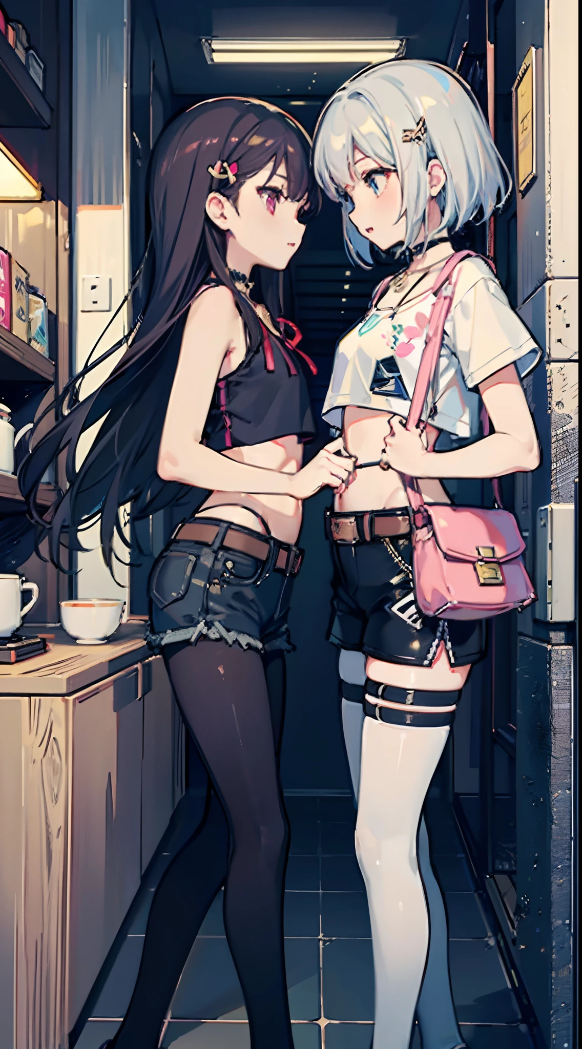 ,twins, Masterpiece,Best quality,offcial art,Extremely detailed Cg Unity 8K wallpaper, 2girls, cute female , Yuri, hair adornments, Short shorts, Crop top, Pantyhose, ribbon_choker necklace, leg belt,