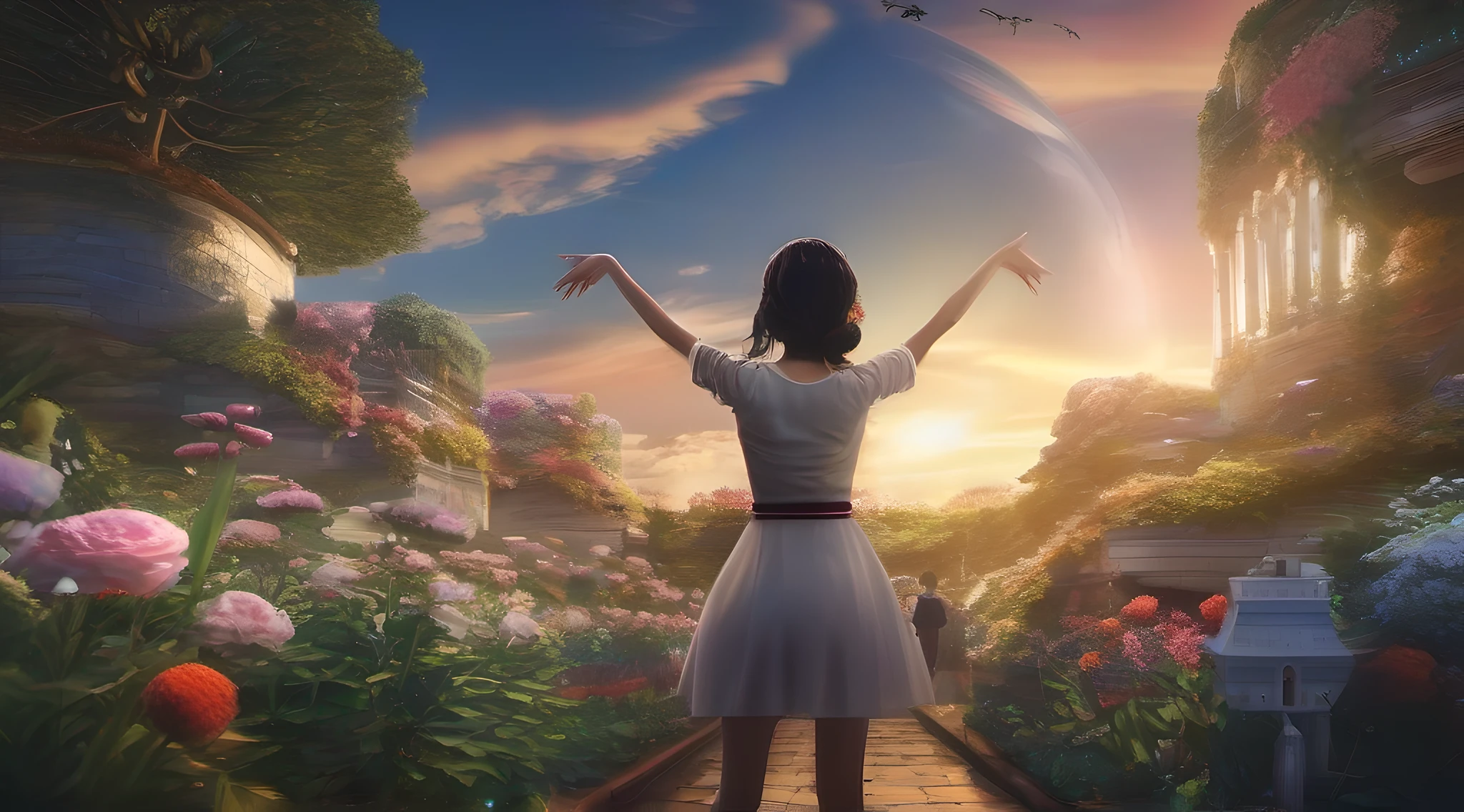 ccurate, best quality, masterpiece, UHD, high details, award winning, (Amazing:1.1), (Surrealism), Conceptual art, Verism, cinematic lighting, floating ruins in the sky, (((beautiful flower garden))), Horizon, blue sky, paradise scenery, flowers, wind flow, (((fantasy))), frontier, (magnificent space), blurry foreground, bokeh, Hasselblad, lens flare, beautiful school girl, (17 yr old), ((((full body)))), from behind, she is dancing, without looking at me, (((wearing school uniform))), black eyes, black hair, (floating hair), ((8 life size)), detailed hairstyles, detailed bodyline, anatomically correct,