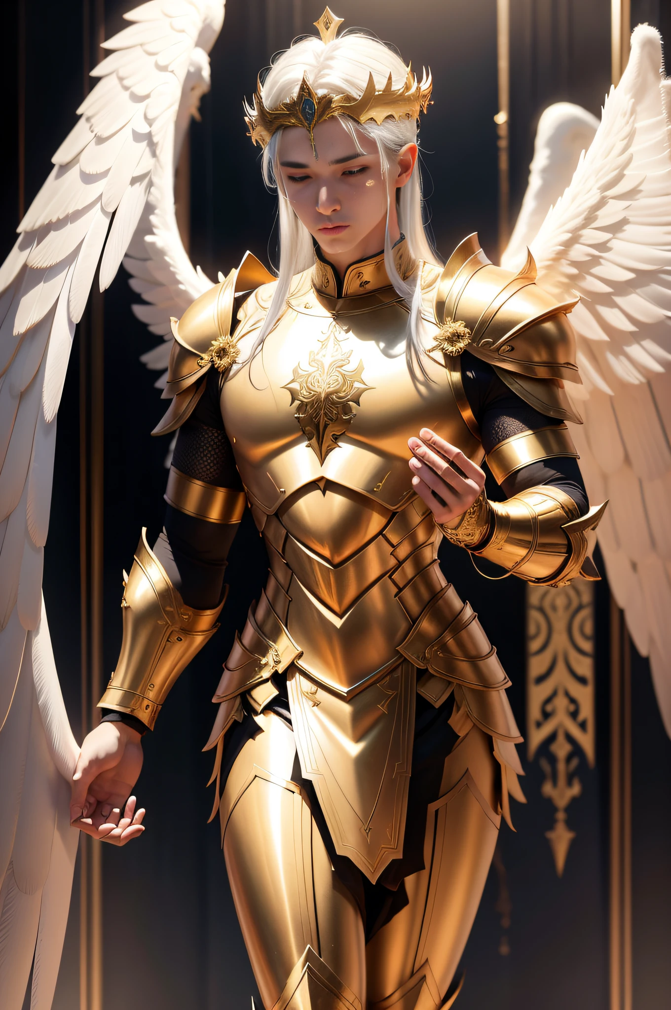 pray,Male angels,(Huge six pairs of white angel wings),Beautiful male god,Dressed in golden armor,The armor has ornaments representing religion,(full bodyesbian),There is an aura of an angel on the top of the head,The shoulder armor has dragon-shaped decorations,Epic picture quality,8K,Realisticstyle,shoun