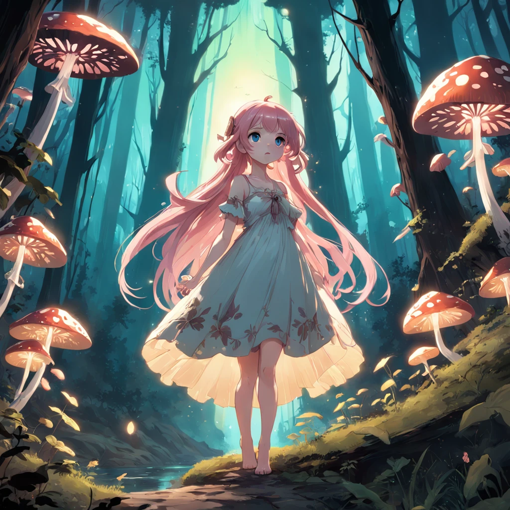 1girll,Alone,Single,Solo,only one,one character,(((Take the characters as the main perspective))),(((character in the middle))),((Masterpiece)),((Best quality)),(Ultra-detailed),(illustration),Clear margins,Alphonse Mucha, Extremely detailed Cg Unity 8K wallpaper,((An extremely delicate and beautiful)),(Dynamic Angle),An enchanting forest illuminated by glowing mushrooms at night, ((Tyndall effect)),(Fluorescent mushroom forest background), 1girll,(arms back behind),(Beautiful detailed eyes,Detailed face,Upper body,White dress,Messy floating pink hair,Disheveled hair,Focus,(Beautiful water),River,flying butterfly,Sunlight,Shine,Chiaroscuro, Ray_tracing,(Painting),[[[[[[8 k artistic photography]]]]]]