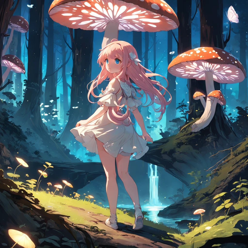 1girll,Alone,Single,Solo,only one,one character,(((Take the characters as the main perspective))),(((character in the middle))),((Masterpiece)),((Best quality)),(Ultra-detailed),(illustration),Clear margins,Alphonse Mucha, Extremely detailed Cg Unity 8K wallpaper,((An extremely delicate and beautiful)),(Dynamic Angle),An enchanting forest illuminated by glowing mushrooms at night, ((Tyndall effect)),(Fluorescent mushroom forest background), 1girll,(arms back behind),(Beautiful detailed eyes,Detailed face,Upper body,White dress,Messy floating pink hair,Disheveled hair,Focus,(Beautiful water),River,flying butterfly,Sunlight,Shine,Chiaroscuro, Ray_tracing,(Painting),[[[[[[8 k artistic photography]]]]]]