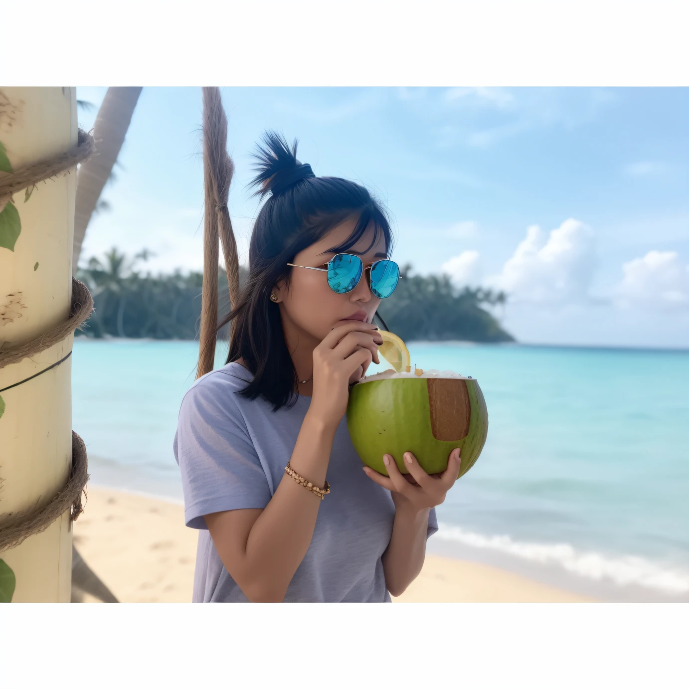 there is a woman drinking out of a coconut on the beach, drink, at a tropical beach, 🤬 🤮 💕 🎀, 😭 🤮 💕 🎀, coconuts, on an island, having a snack, with sunglass, 🐿🍸🍋, yummy, holiday, drinking, summer vibes, vacation, in the beach, cindy avelino, 🍸🍋