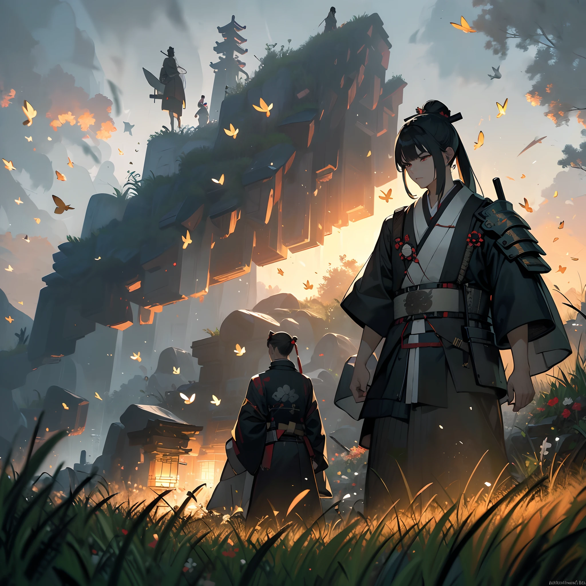 (8k wallpaper:1.2),(Ultra-high resolution:1.2),(masterpiece:1.1),wallpaper,High quality,masterpiece,(High detail),1man, samurai man bun hairstyle,long hair, wearing Ronin armour, (ghost of tushima), walking through a field of grass, Japanese master swordsman,katana on waist, simple white background, wallpaper 8k, HD quality,