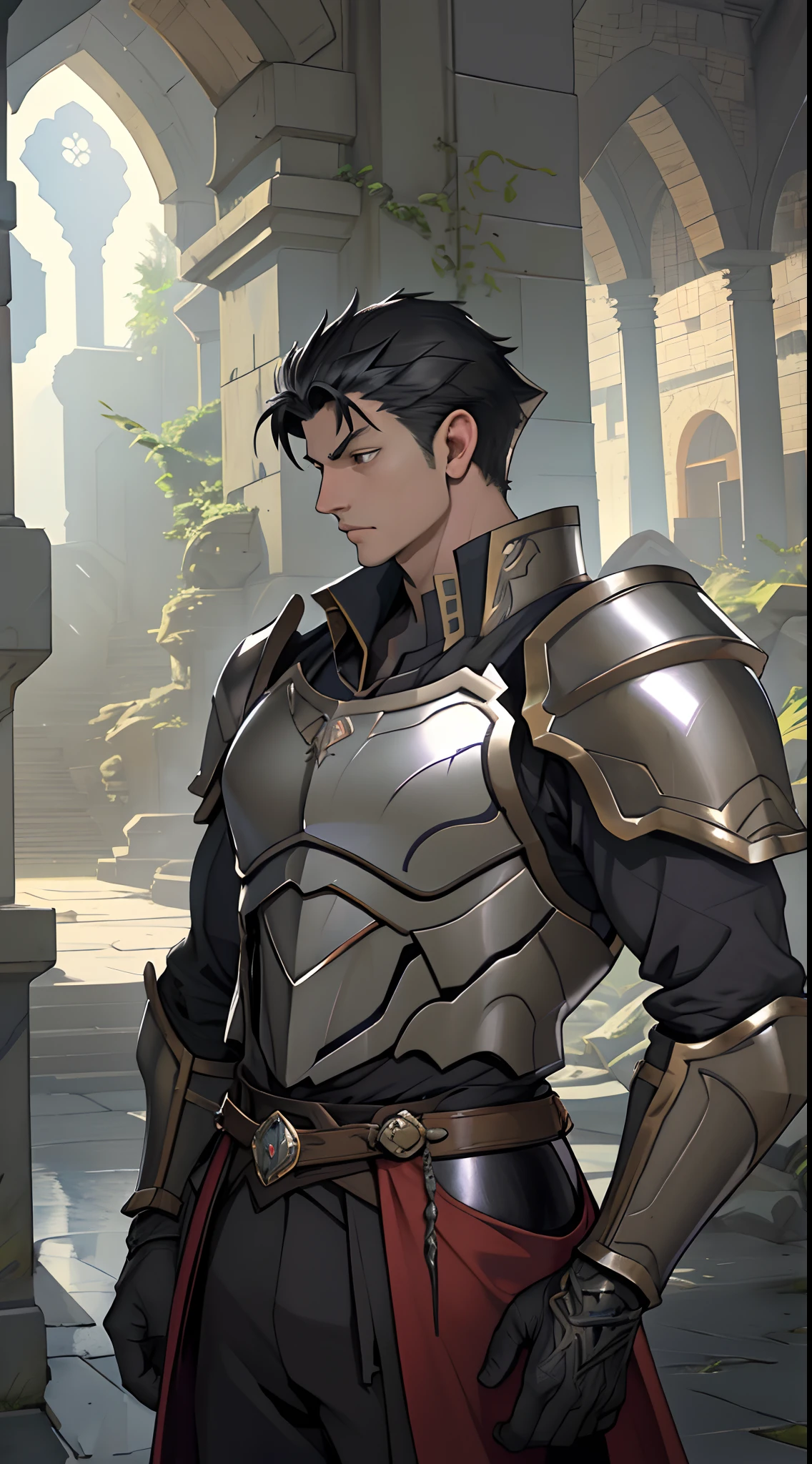 Portrait of a man, 1boy, Solo, Stand quietly, Heroes, A hero never seen before, jawline, Male, Epic, Handsome, prince, warrior, Silver armor, hyperdetailed 3d matte painting, cinemascope panoramic, awe inspiring, landscape, Natural skin texture, Sharp focus, ((Cinematic look)), insanely details, Intricate details, greg rutkovsky、Works of art by Caravaggio and Alphonse Mucha, analogue style, Castle, inside castle, Calm environment,