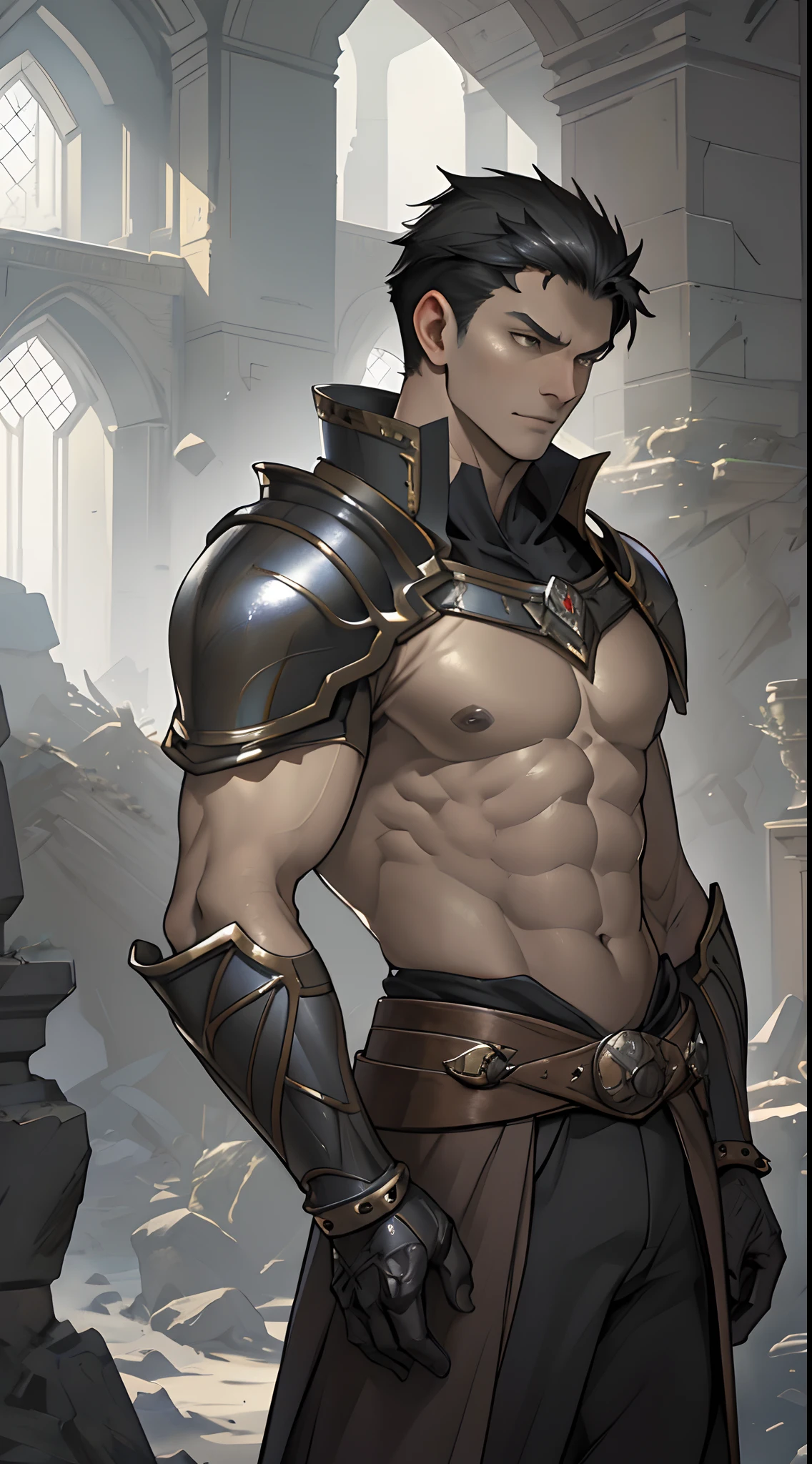 Portrait of a man, 1boy, Solo, Stand quietly, Heroes, A hero never seen before, jawline, Male, Epic, Handsome, prince, warrior, Silver armor, hyperdetailed 3d matte painting, cinemascope panoramic, awe inspiring, landscape, Natural skin texture,  Sharp focus, ((Cinematic look)), insanely details, Intricate details, greg rutkovsky、Works of art by Caravaggio and Alphonse Mucha, analogue style, Castle, inside castle, Calm environment,