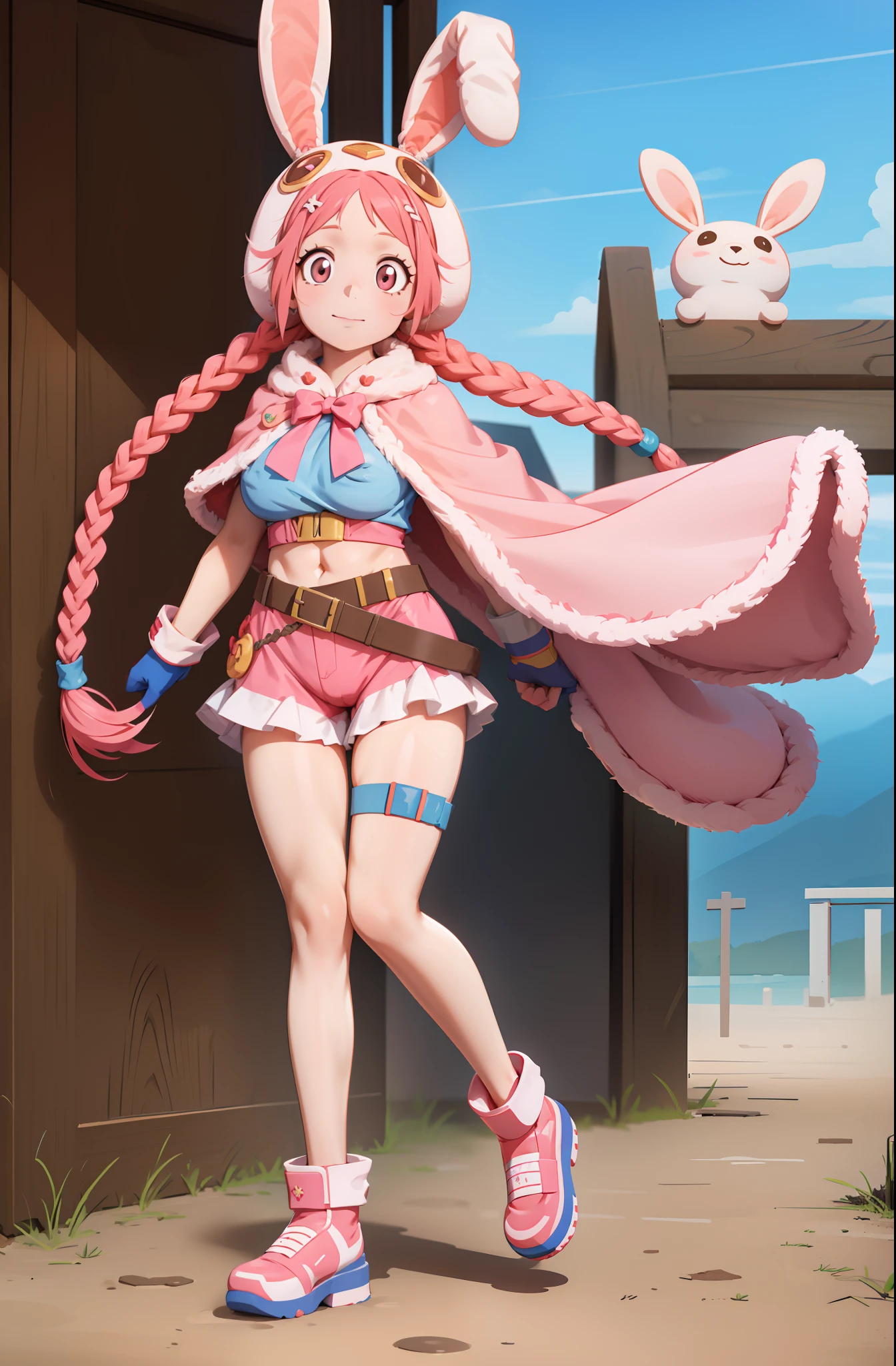 pink hair, long twin braids, ***********, pink short sleeves, red gloves, light orange eyes, rabbit ear hood, blue shorts, belt, pink cape, cute, high quality, huge breast, full body