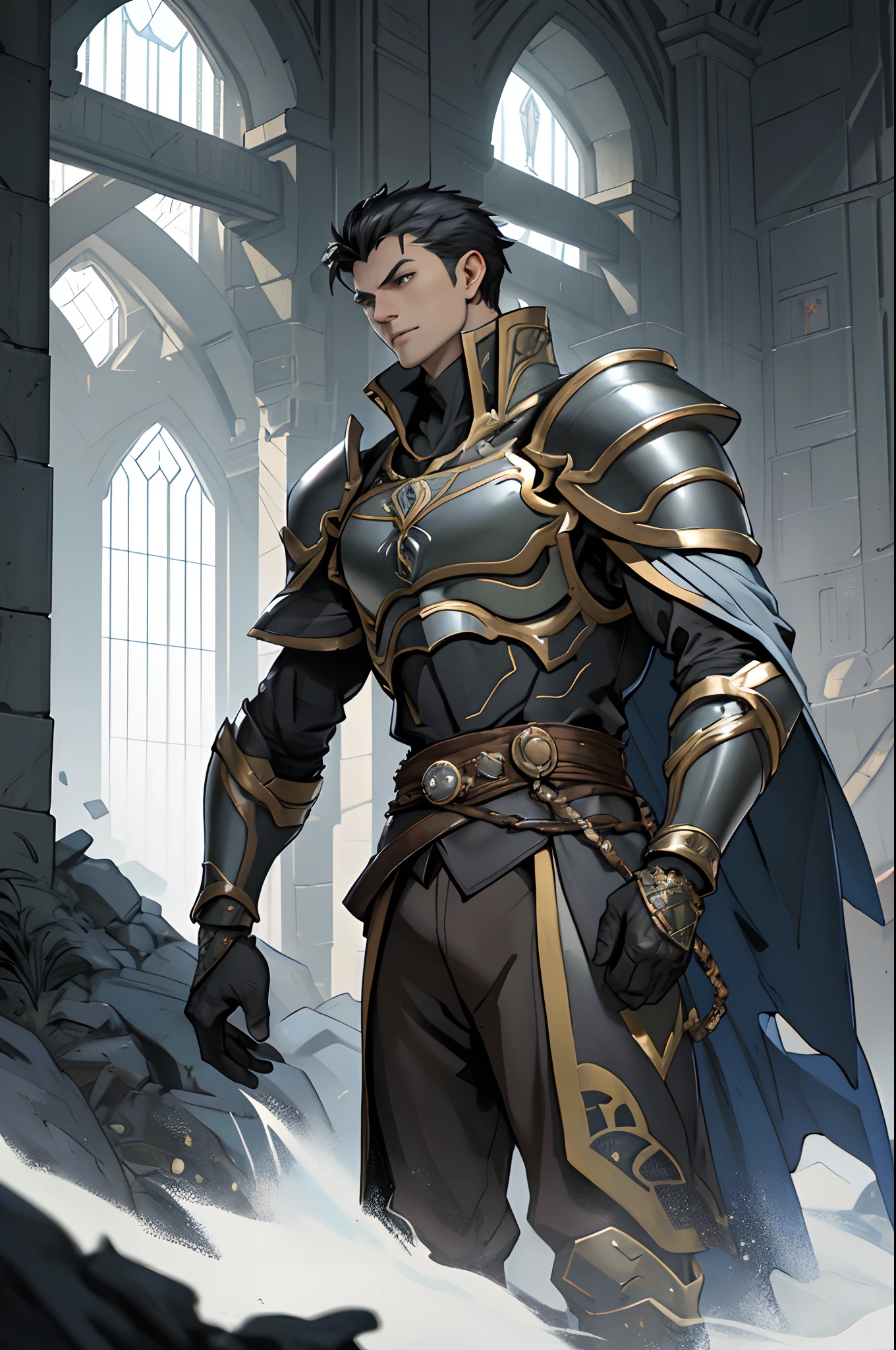 Portrait of a man, 1boy, Solo, Stand quietly, Heroes, A hero never seen before, jawline, Male, Epic, Handsome, prince, warrior, Silver armor, hyperdetailed 3d matte painting, cinemascope panoramic, awe inspiring, landscape, Natural skin texture, Sharp focus, ((Cinematic look)), insanely details, Intricate details, greg rutkovsky、Works of art by Caravaggio and Alphonse Mucha, analogue style, Castle, inside castle, Calm environment,