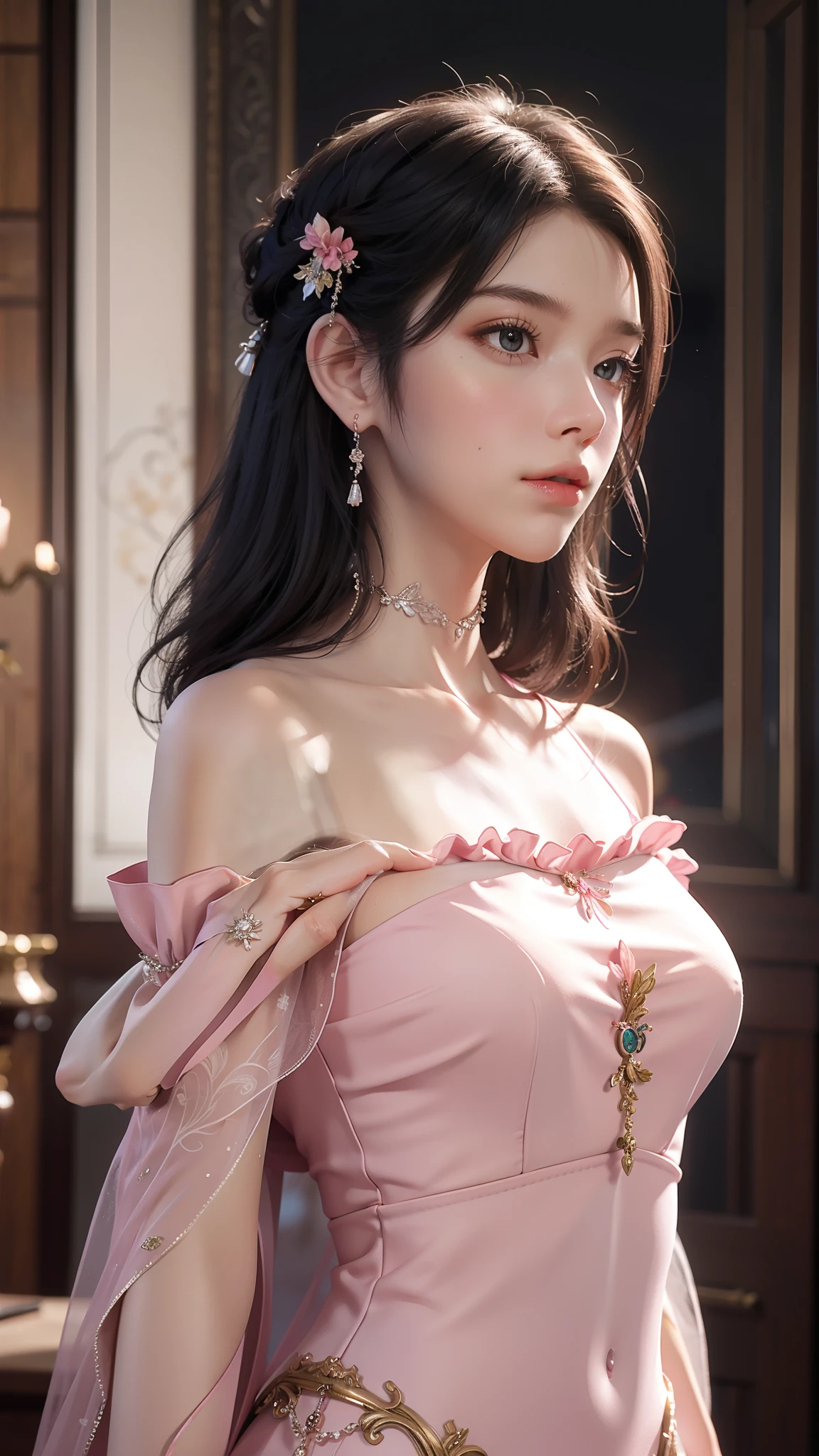 Best Quality, Masterpiece, Ultra High Resolution, (Realisticity: 1.4), Original Photo, 1girl, Pink Off-the-Shoulder, Cinematic Lighting