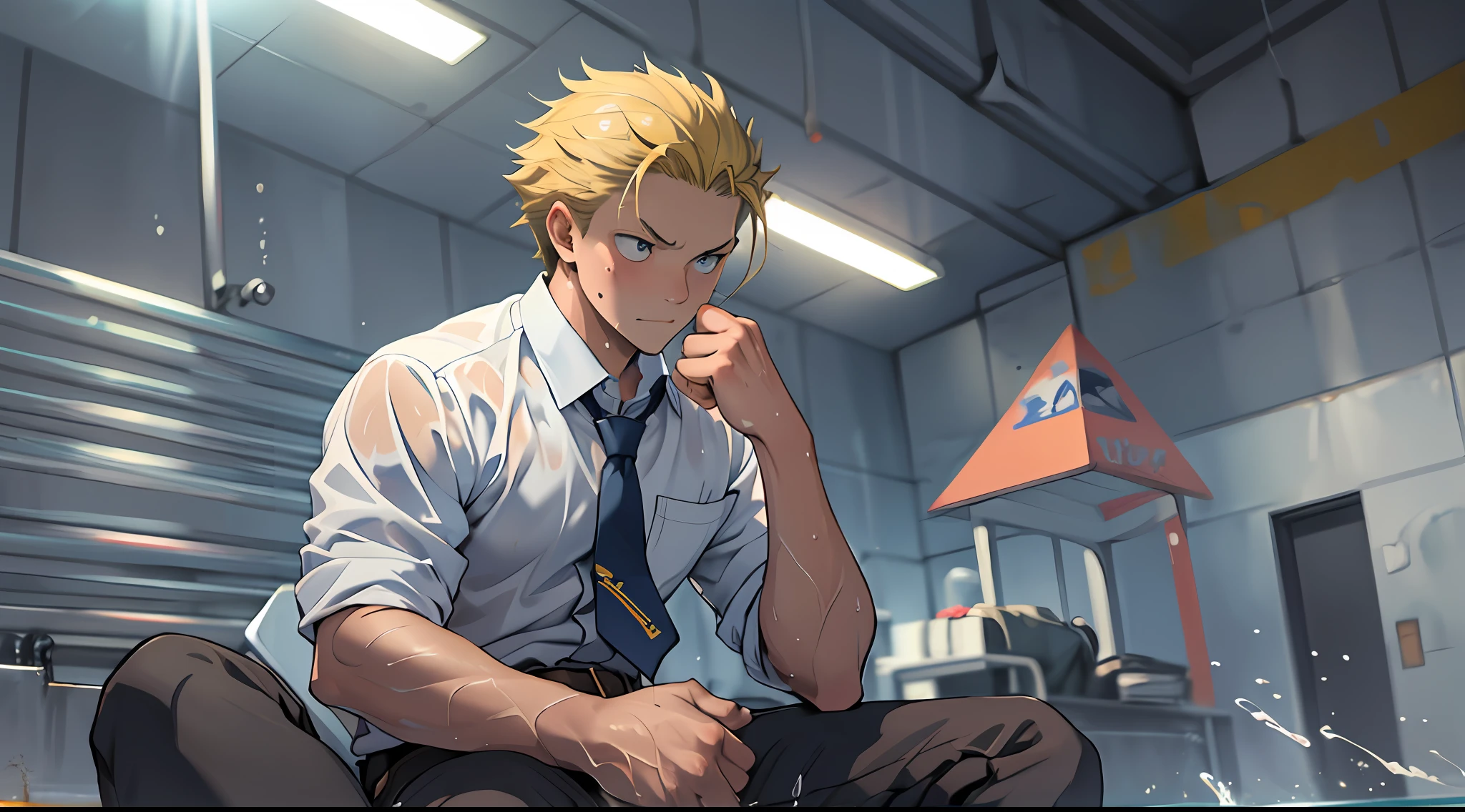 (1 Adult male),A high resolution, Sharp focus, Pixiv masterpiece, ((Complicated details)), highly detailed, natsuki_subaru, 1 man,perfect male figure,Urine on the trouser leg, Nervously bow your head,is shy,embarressed,exhilarated,is shocked,panicking,worry,A pool of urine formed around him,Very eager to pee,Unbearable,Wet yourself,Urine discharge,full bodyesbian,sit astride,Tired,decadent, blue color eyes(eyes glowing), Short yellow hair,white shirt,Wear a tie,Wear a belt,trousers,perspire,Drenched,Get wet,pissing,urine flows down the pants,look from down