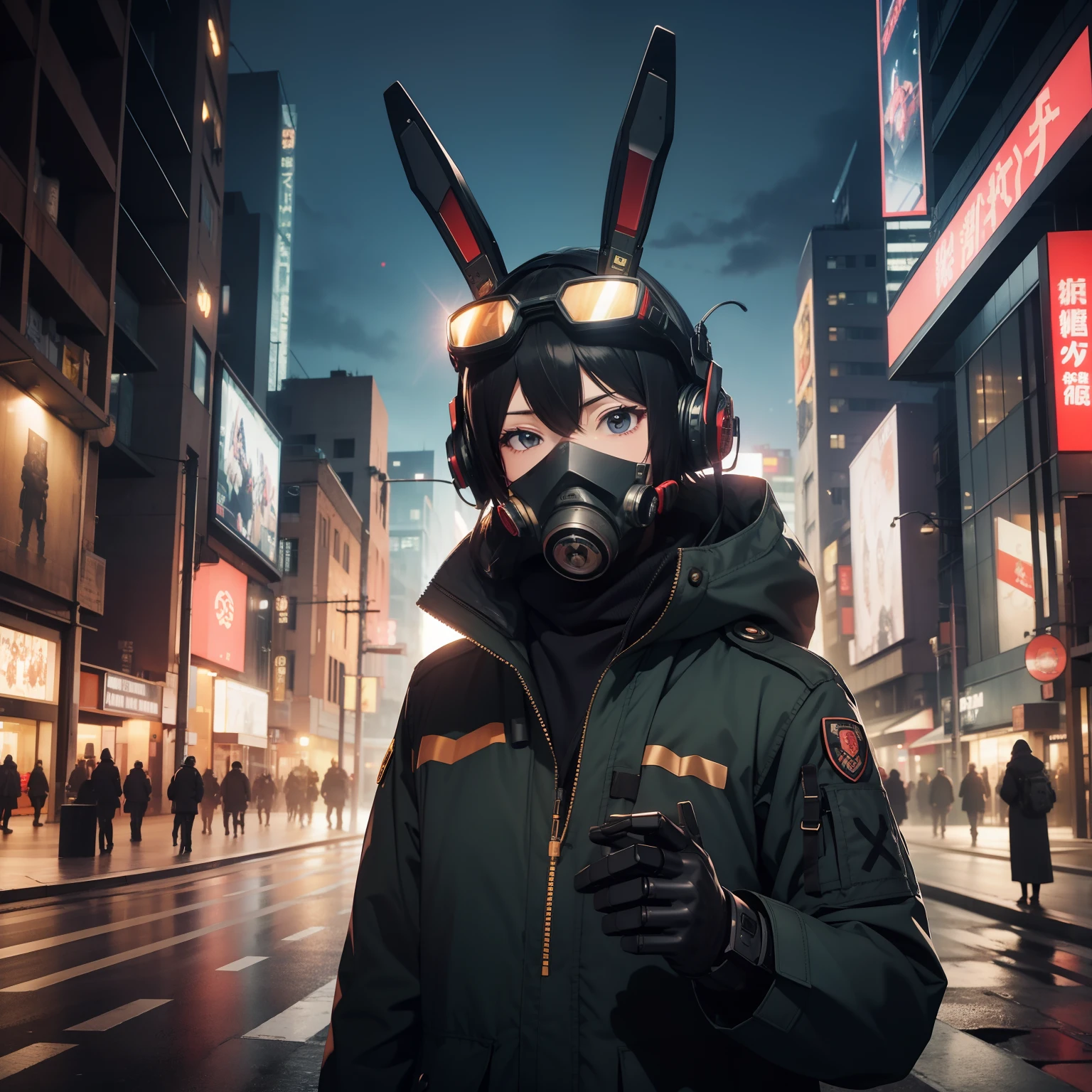 masutepiece, Best Quality, Military coat, City at night background, a gas mask, Robot goggles, headphones, Bunny has, Cross-processing effect