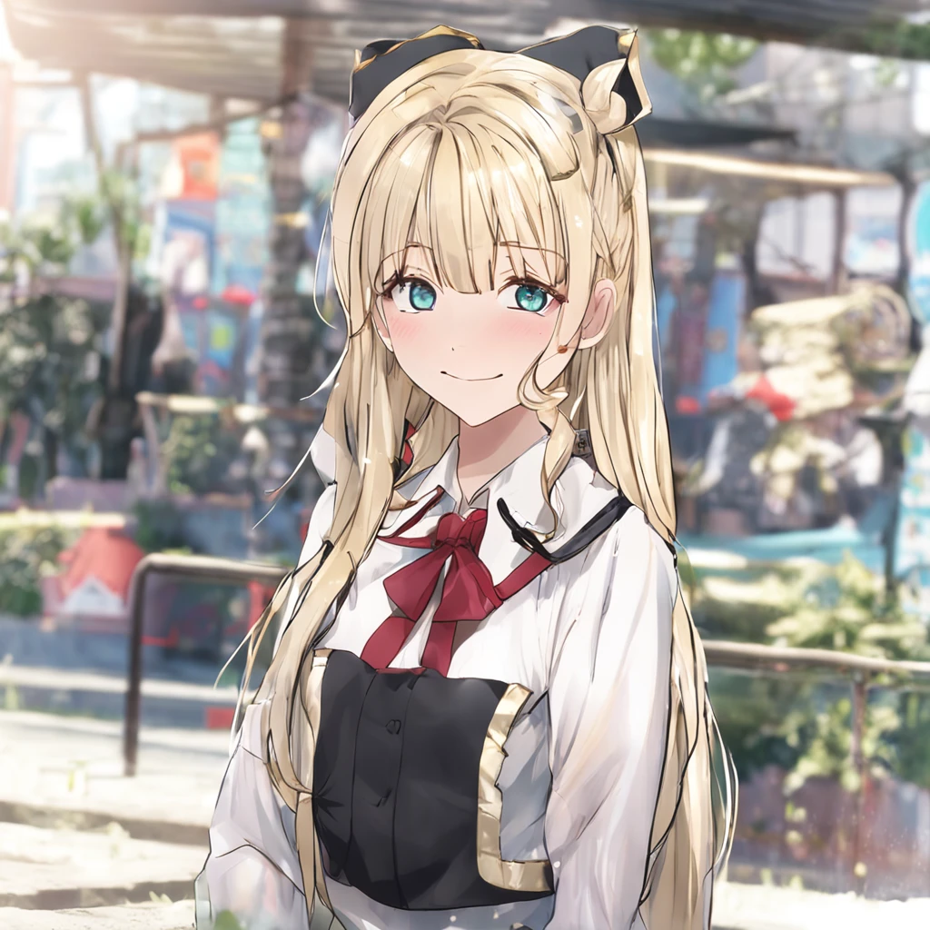 porate、(School uniforms)、bright expression、poneyTail、young and shiny white shiny skin、Best Looks、Gold reflects light、Platinum blonde hair,Shine brightly、Shiny light hair,、Super long silky straight hair、Beautiful bangs that shine、Big blue eyes that sparkle like crystal clear and charming、Very nice and lovely 16 year old girl、Lush bust、With slit、((full body seen))