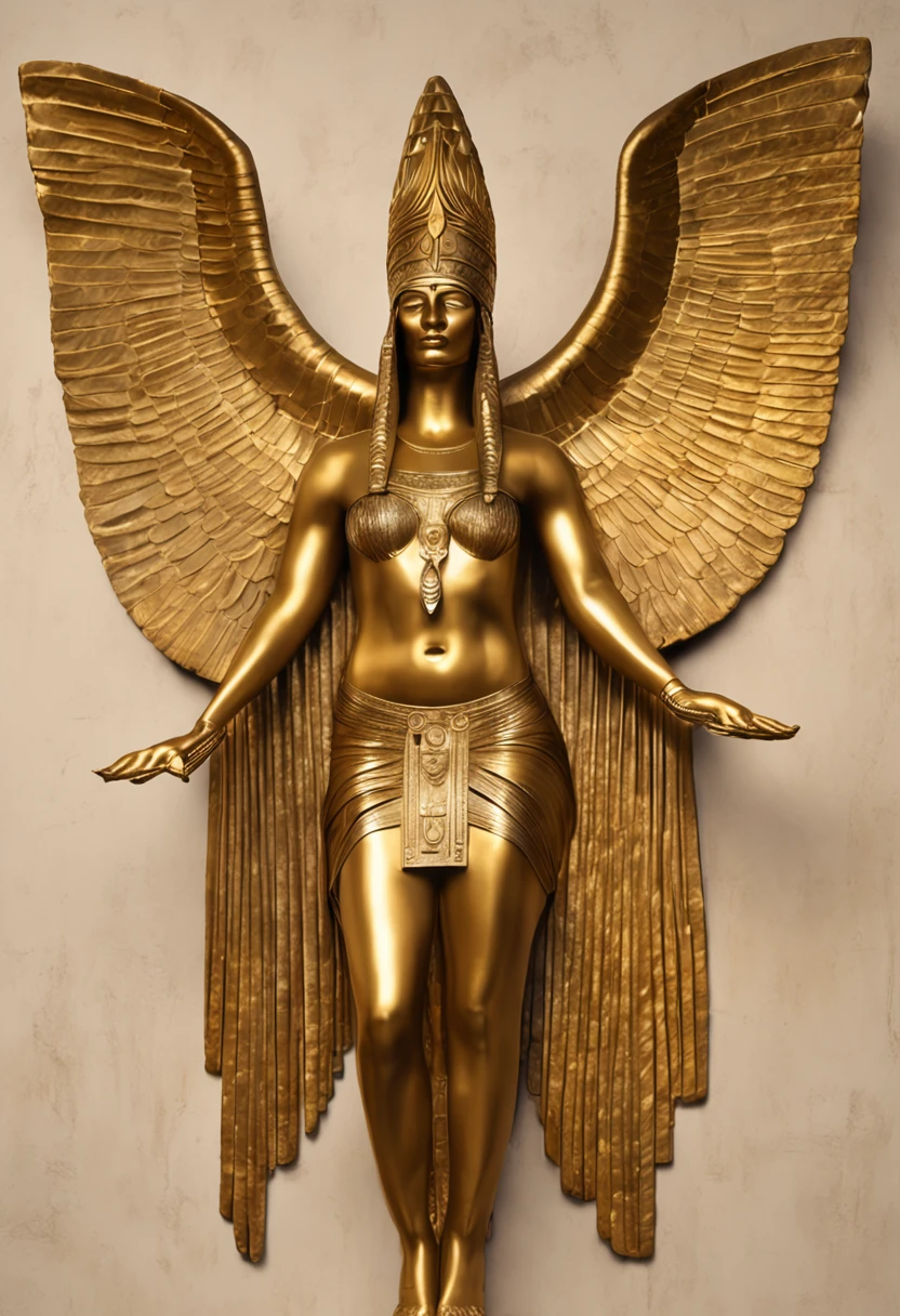 Isis: Main goddess of the Egyptian pantheon dressed in gold and golden makeup with arms and wings spread, in the style of the Egyptian gods, depicted with a throne-shaped head adornment, a reference to Osiris. coberto de joias de luxo, joias, luxo, EGYPTIAN SYMBOLS, joias de pintores e escultores, detalhes altos, Realistic, Detalhamento ultra intrincado, 8k, Cinematic lighting, cinemactic. Image with resolution of at least 300dpi