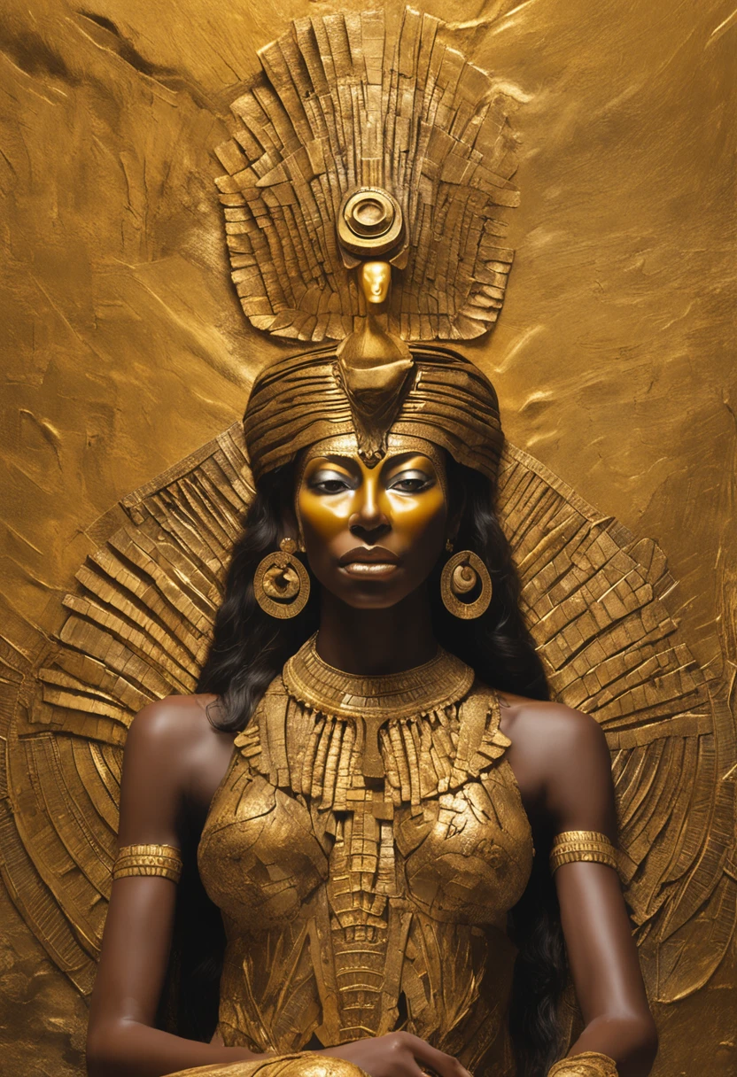 Isis: Main goddess of the Egyptian pantheon dressed in gold and golden makeup with arms and wings spread, in the style of the Egyptian gods, depicted with a throne-shaped head adornment, a reference to Osiris. coberto de joias de luxo, joias, luxo, EGYPTIAN SYMBOLS, joias de pintores e escultores, detalhes altos, Realistic, Detalhamento ultra intrincado, 8k, Cinematic lighting, cinemactic. Image with resolution of at least 300dpi