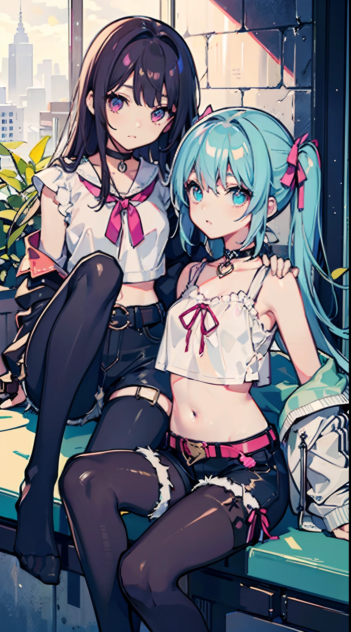 (8K、masterpiece、Highest quality、Super detailed、Professional Lighting、Beautiful Face)、  Navy blue see-through school swimsuit, dark skin:1.2)、(correction:1.1)、（short、small、small：1.2）nsfw、Elementary school girl、8-year-old、Flat Chest、Glasses、Two beautiful girls、(Group shot:1.2)、(sweater:1.2)、(Tiered flare skirt)、(Gorgeous detailed embroidered panties)、(Skirt Lift:1.5)、Put your hand on your skirt、(Panty shot)、Panty Focus、plump、pubic hair、smile、Black Short Hair、Voluminous straight hair、Parted bangs、Lip gloss、Pale skin、Glowing Skin、, Striped panties, Butt,squat, 