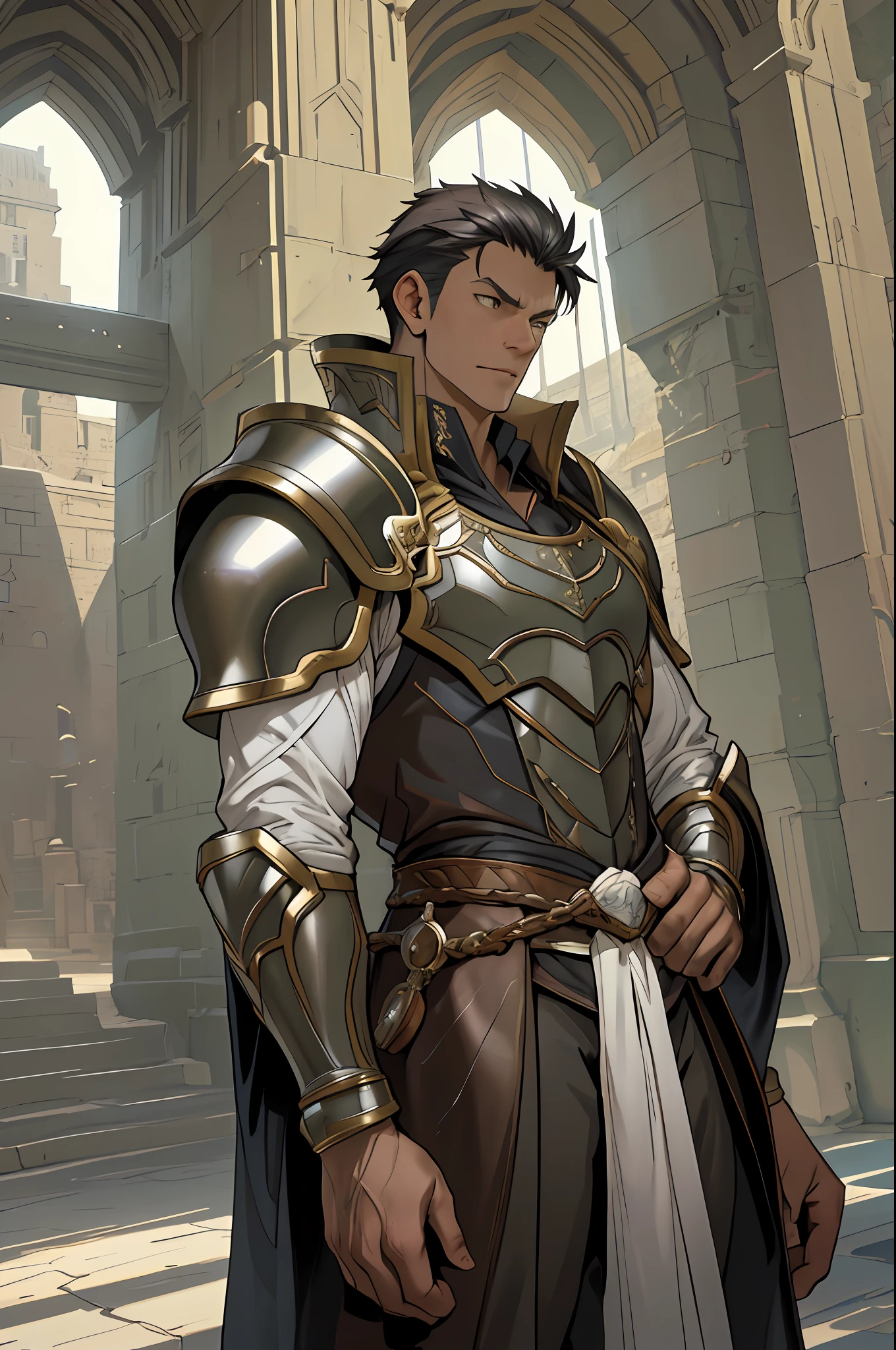 Portrait of a man, 1boy, Solo, Stand quietly, Heroes, A hero never seen before, jawline, Male, Epic, Handsome, prince, warrior, Silver armor, hyperdetailed 3d matte painting, cinemascope panoramic, awe inspiring, landscape, Natural skin texture, Sharp focus, ((Cinematic look)), insanely details, Intricate details, greg rutkovsky、Works of art by Caravaggio and Alphonse Mucha, analogue style, Castle, inside castle, Calm environment,