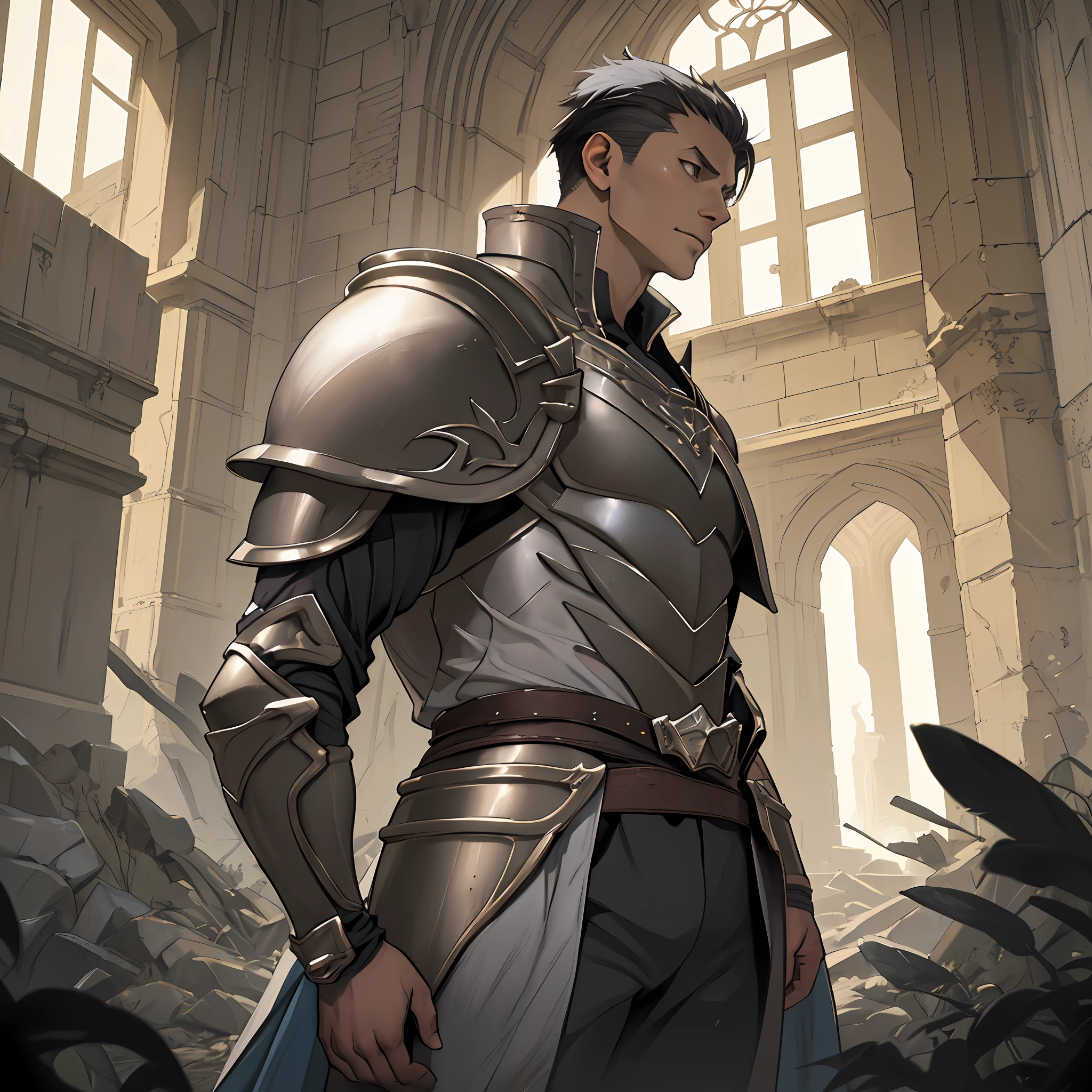 Portrait of a man, 1boy, Solo, Stand quietly, Heroes, A hero never seen before, jawline, Male, Epic, Handsome, prince, warrior, Silver armor, hyperdetailed 3d matte painting, cinemascope panoramic, awe inspiring, landscape, Natural skin texture,  Sharp focus, ((Cinematic look)), insanely details, Intricate details, greg rutkovsky、Works of art by Caravaggio and Alphonse Mucha, analogue style, Castle, inside castle, Calm environment,