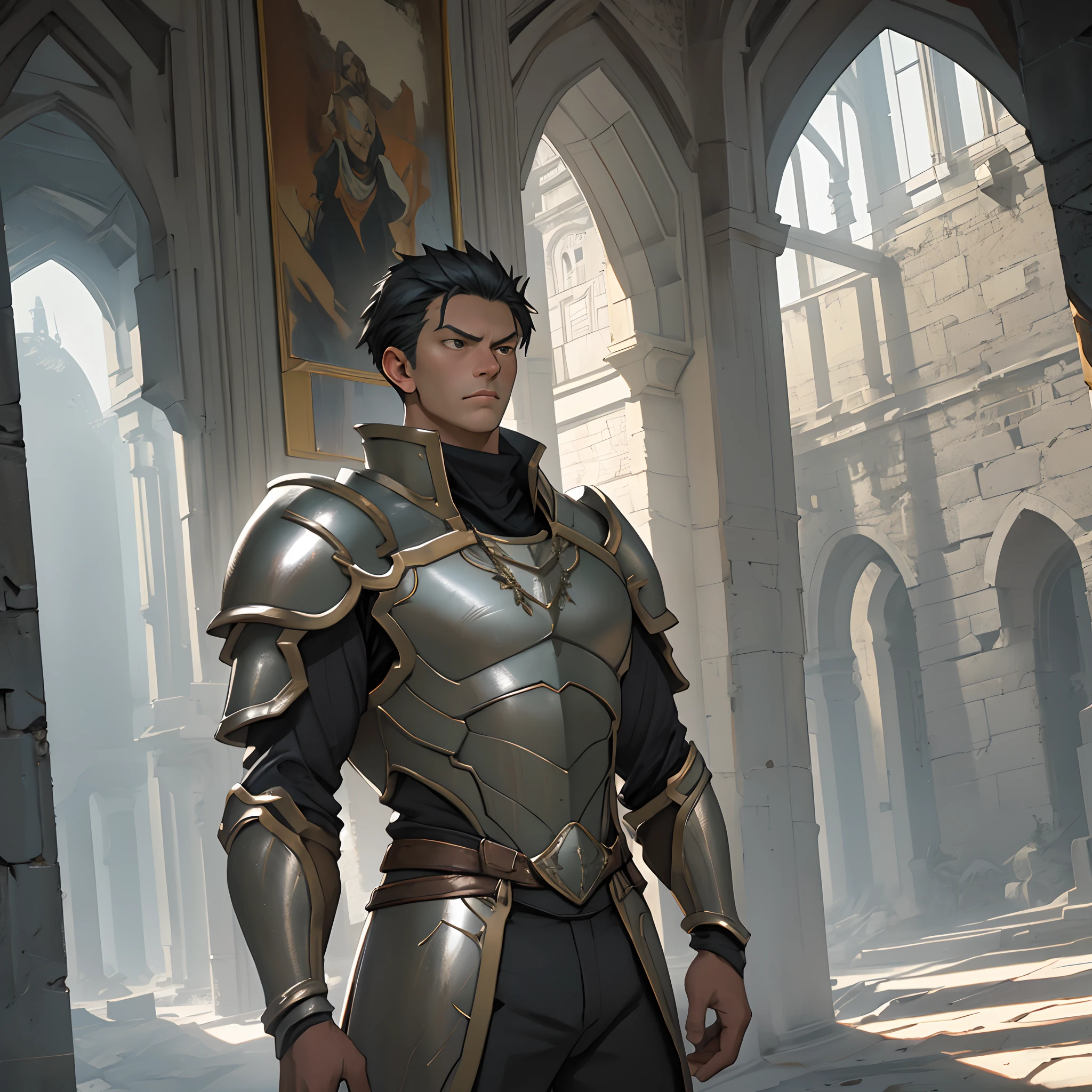 Portrait of a man, 1boy, Solo, Stand quietly, Heroes, A hero never seen before, jawline, Male, Epic, Handsome, prince, warrior, Silver armor, hyperdetailed 3d matte painting, cinemascope panoramic, awe inspiring, landscape, Natural skin texture, Sharp focus, ((Cinematic look)), insanely details, Intricate details, greg rutkovsky、Works of art by Caravaggio and Alphonse Mucha, analogue style, Castle, inside castle, Calm environment,