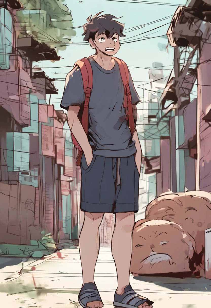 Male college students wear slippers，Shorts and regular T-shirts，Stand at the school gate, His hair is messy，Tear stains on the face，Swollen eyes，Cover your face with your hands