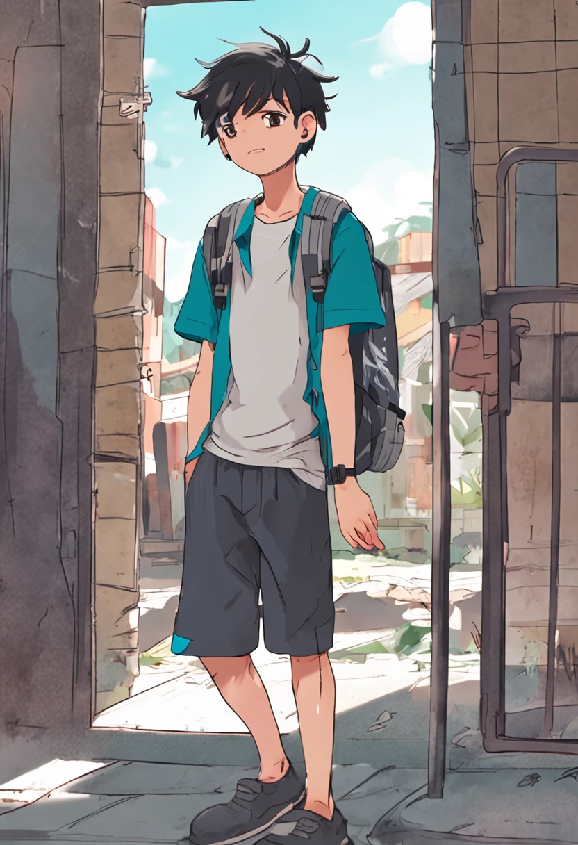 Male college students wear slippers，Shorts and regular T-shirts，Stand at the school gate, His hair is messy，Tear stains on the face，Swollen eyes，Cover your face with your hands