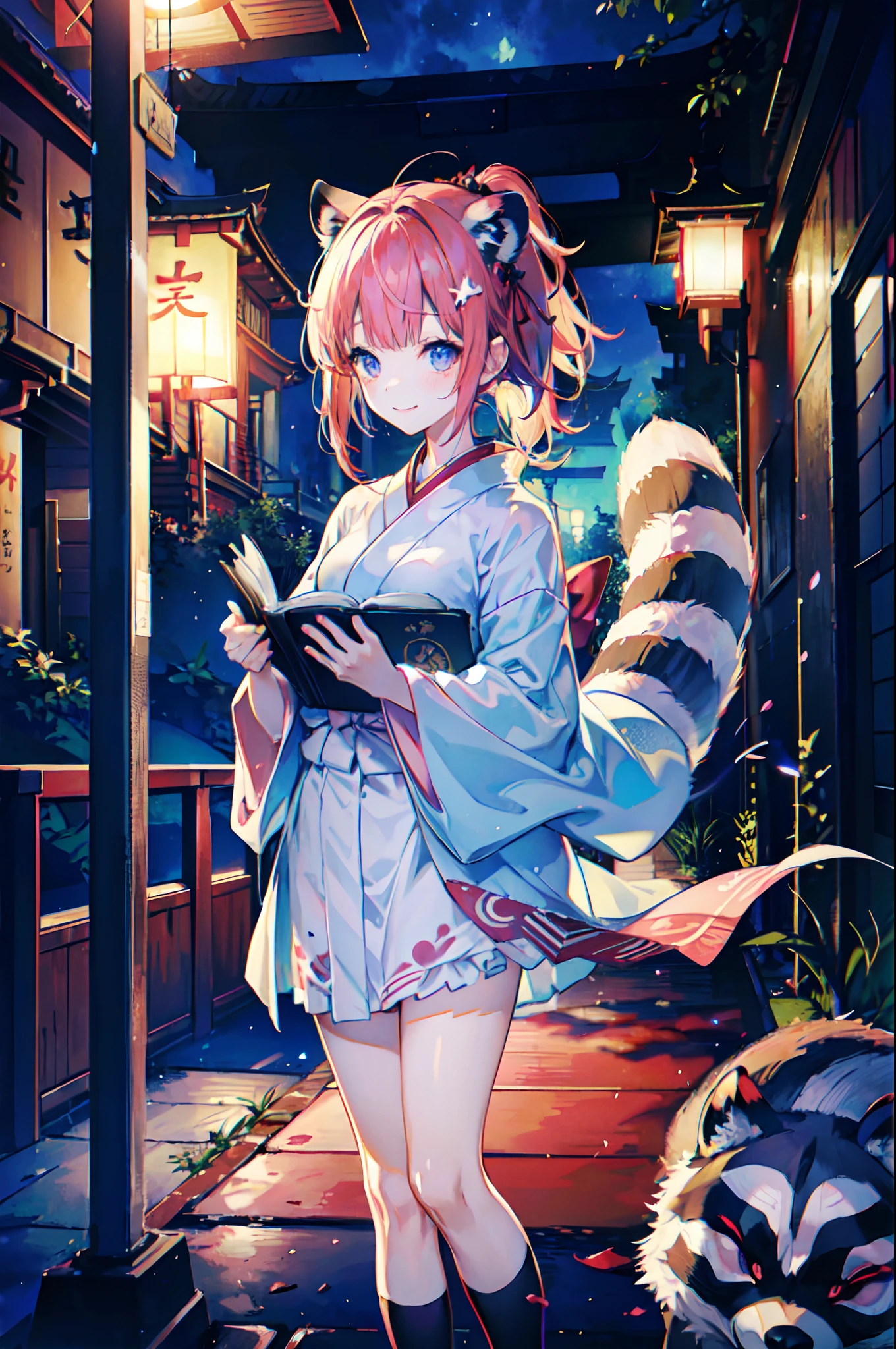(jpn、Shrine 1.4)、PastelColors、The best illustrations、top-quality、Red torii gate、beauitful face、blurry backround、 beautiful girl、shinny skin, (1Book raccoon tail grows:1.3)、drooing eyes、Glowing red hair、short-hair、(poneyTail:1.2)、Blue eyes、Tanuki ears、hair adornments、Gentle smile、Curve、(Yukata robes 1.2)、a miniskirt、wearing kneesocks、