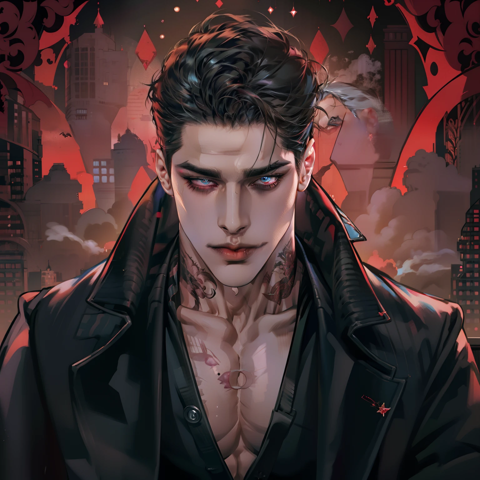 Mafia Noir Casino Gambling Bar Vampire dominant alpha gay couple macho sexy handsome demon adult men with tattoos big chest big abs slicked back hairstyle smoking red eyes charisma goth ((perfect face structure)) detailed stylized ((handsome male couple)) ((men kissing)) ((perfect eyes))