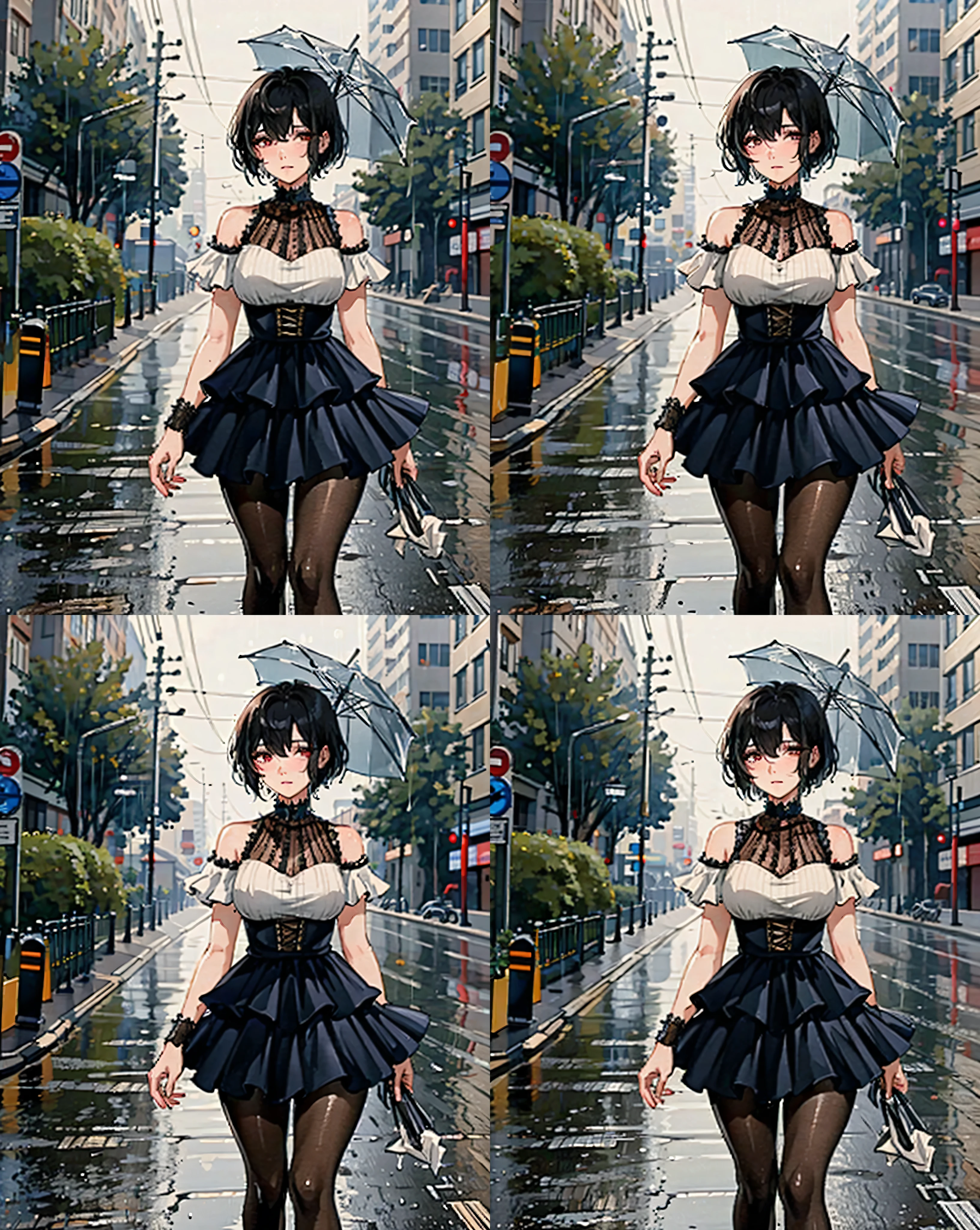 ((Best Quality, 8K, Masterpiece:1.3)), Focus: 1.2, Perfect Body Beauty: 1.4, Buttocks: 1.2, ((Layered Haircut, Breasts: 1.2)), (Wet Clothes: 1.1) , (Rain, Street:1.3), Bandeau Dress: 1.1, Highly Detailed Face and Skin Texture, Delicate Eyes, Double Eyelids...,flesh-colored tights,