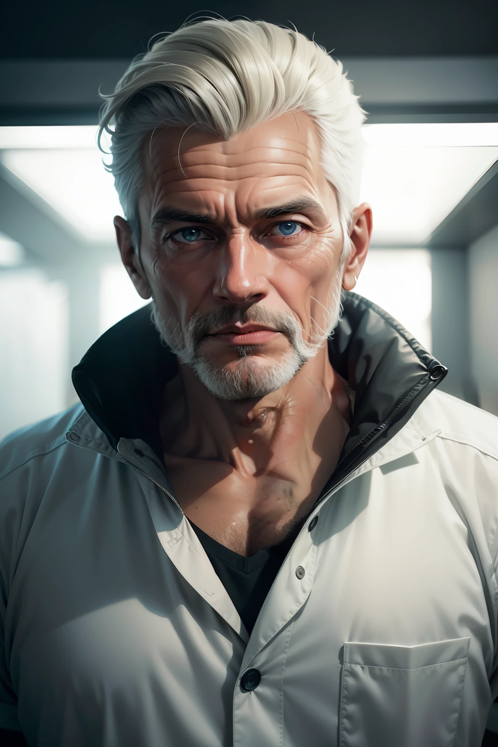 "homem velho, rosto masculino, face frontal, olhos azuis claros, queixo erguido, head straight-looking at viewer, realismo ultrarrealista, The body looks at the camera, cinematic lighthing, fundo escuro, jornalista, usando gravata, cabelo estilo militar, roupa de cientista.