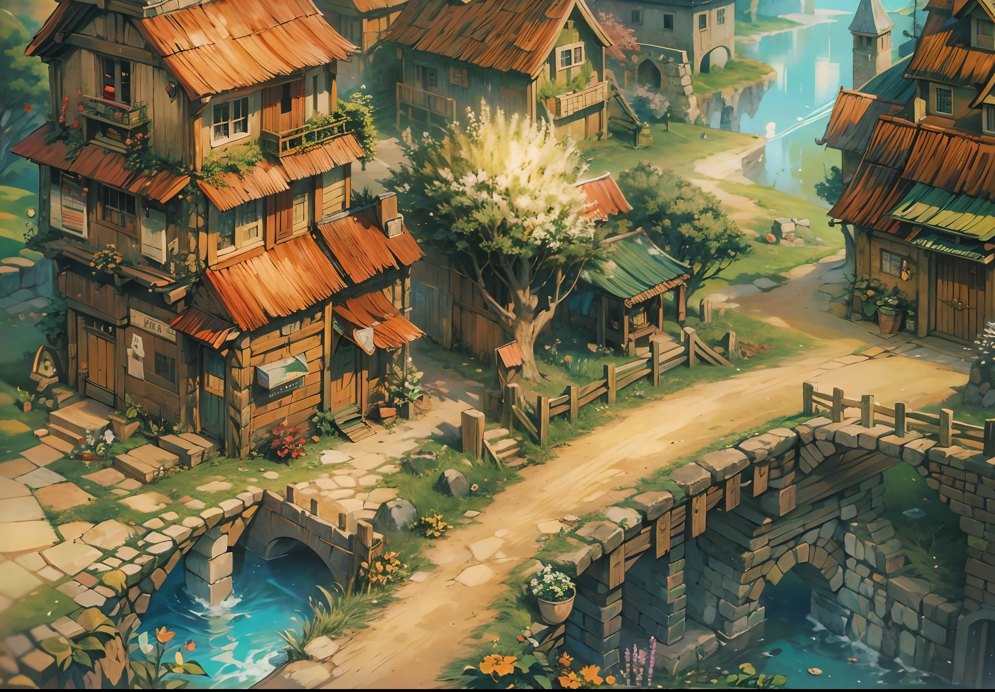 (absurdres, highres, ultra detailed, HDR), masterpiece, best quality, legend of mana town, dawn of mana console, portrait of a place, nostalgic place, town of lumina, detailed scenery, in a legend of mana town, lumina, place town, scenery, professional photo, path town detailed scenery, detailed background