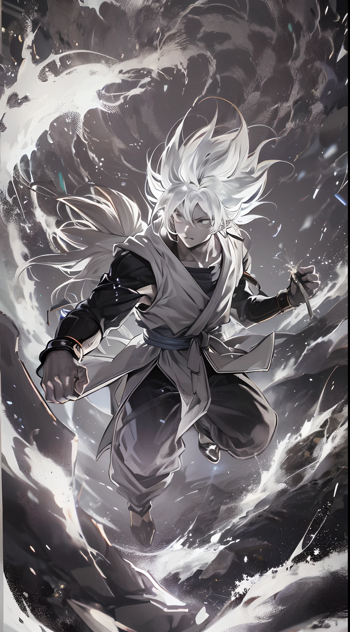 The image of the white-haired Goku Advanced Instinct , Black and white effect around the body, Landscape of deep blue sky with stars, detailled image, Ultra photo realsisim, Anime version, Explosions and cinematic effects