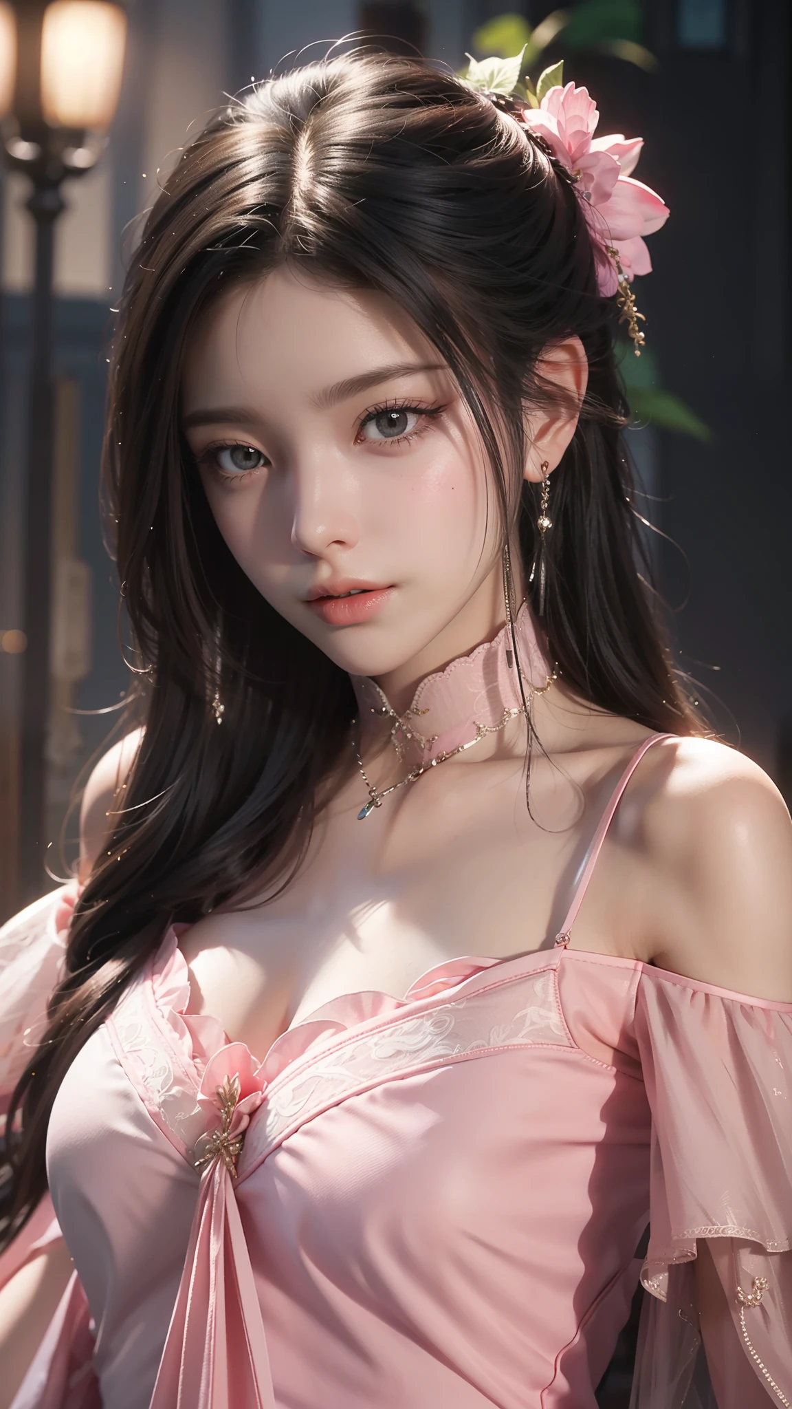 Best Quality, Masterpiece, Ultra High Resolution, (Realisticity: 1.4), Original Photo, 1girl, Pink Off-the-Shoulder, Cinematic Lighting