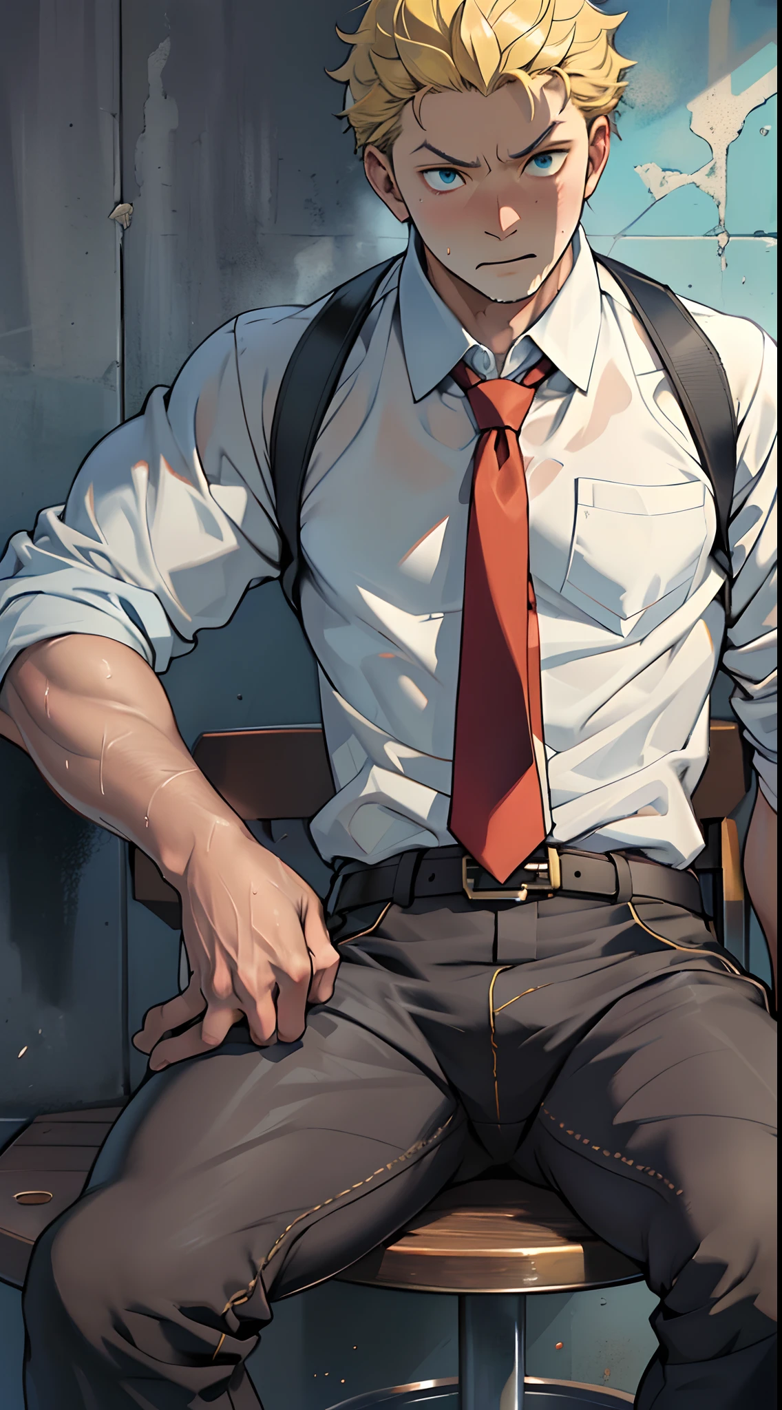 (1 Adult male),A high resolution, Sharp focus, Pixiv masterpiece, ((Complicated details)), highly detailed, natsuki_subaru, 1 man,perfect male figure,Urine on the trouser leg, Nervously bow your head,is shy,embarressed,exhilarated,is shocked,panicking,worry,A pool of urine formed around him,Very eager to pee,Unbearable,Wet yourself,Urine discharge,full bodyesbian,sit astride,Tired,decadent, blue color eyes(eyes glowing), Short yellow hair,white shirt,Wear a tie,Wear a belt,trousers,perspire,Drenched,Get wet,pissing,urine flows down the pants,look from down