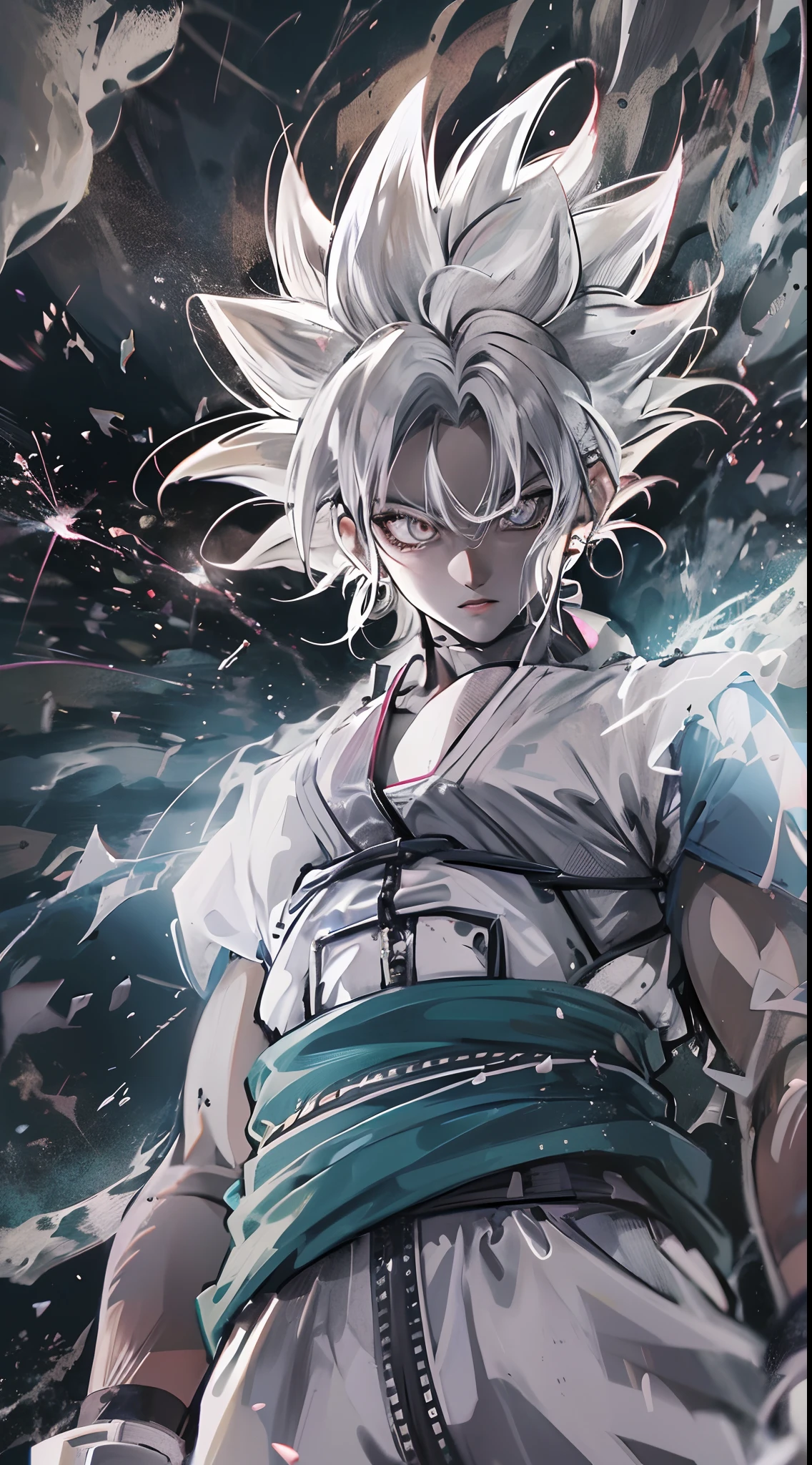 The image of the white-haired Goku Advanced Instinct , Black and white effect around the body, Landscape of deep blue sky with stars, detailled image, Ultra photo realsisim, Anime version, Explosions and cinematic effects