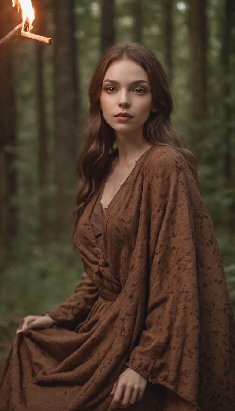 (masterpiece, high detal, absurderes, Raw photo:1.2), 1girl, Lodge in the Dark Forest, Girl in a brown robe at a bonfire,