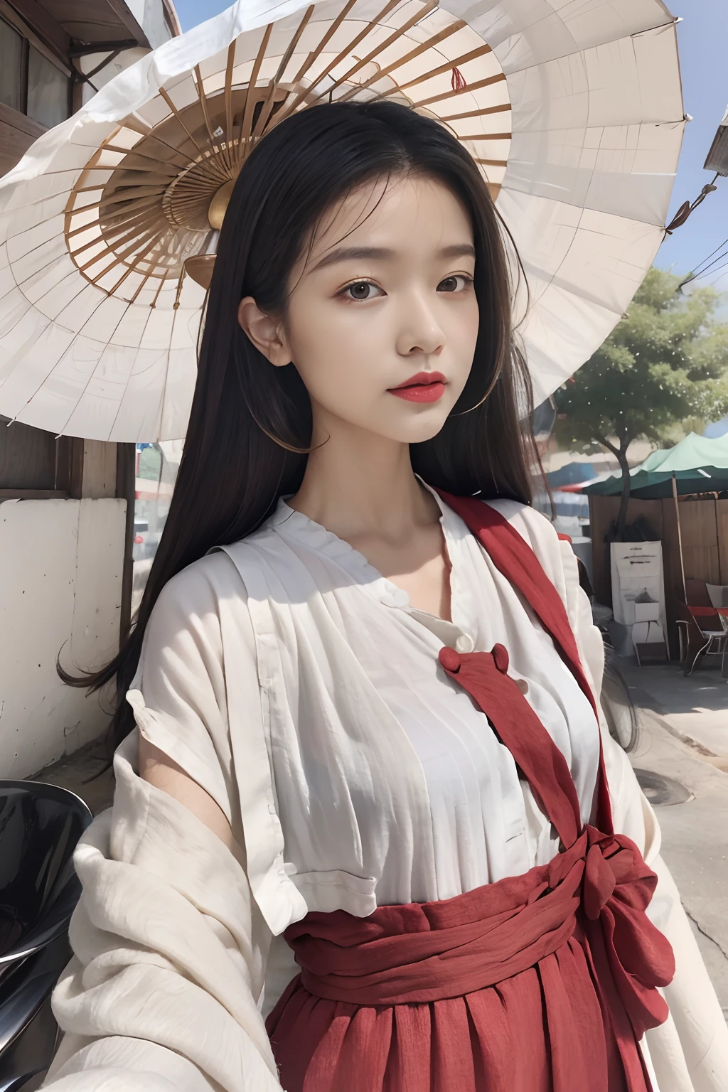 (Masterpiece),republic,Cool temperament,Cold and glamorous,long whitr hair,Dating girls, Red cotton and linen robe,baggy,Taoist robes,Lazy,oil-paper umbrella,Simple and elegant,Fabric texture,folding fan,Mori Department,flax,
