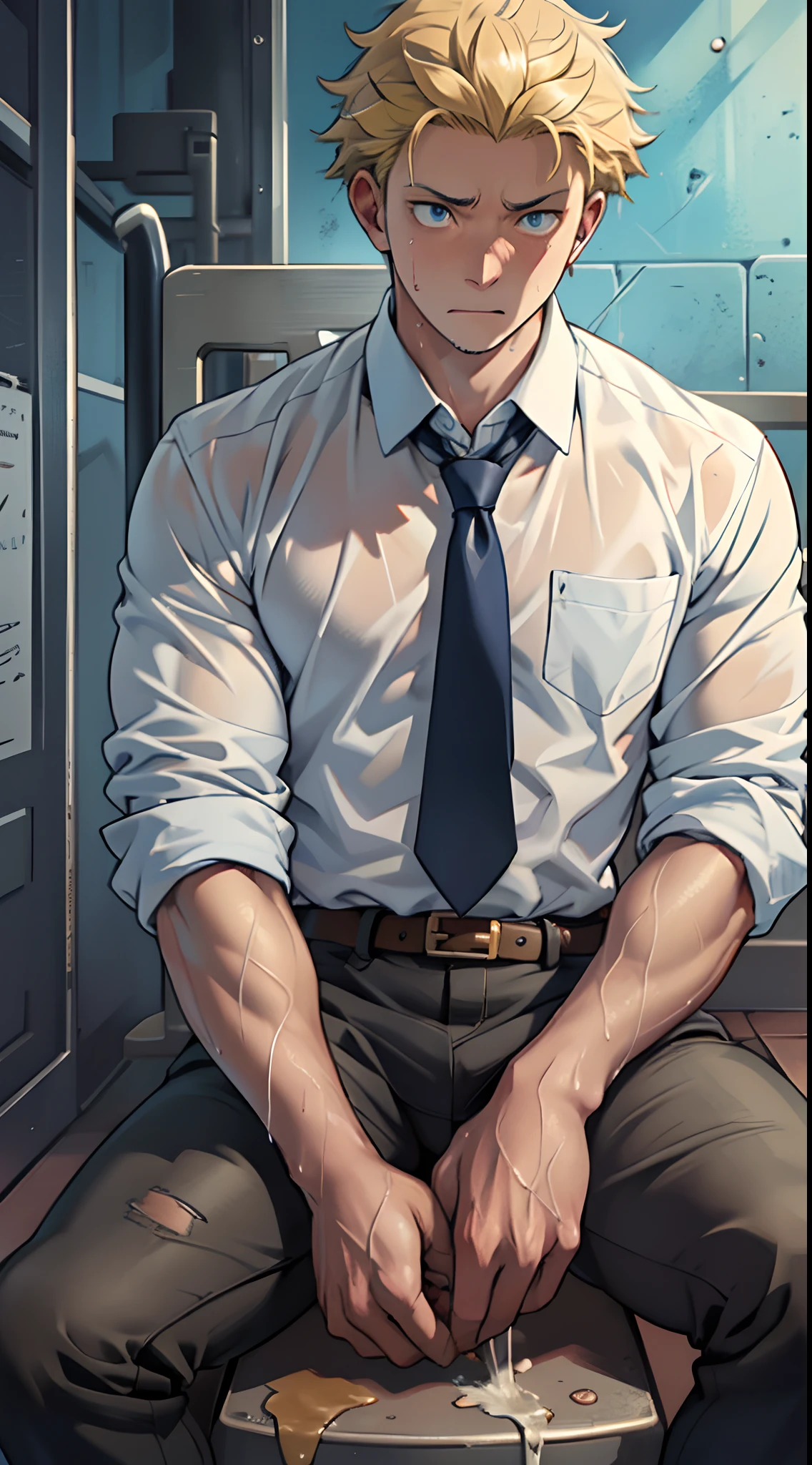 (1 Adult male),A high resolution, Sharp focus, Pixiv masterpiece, ((Complicated details)), highly detailed, natsuki_subaru, 1 man,perfect male figure,Urine on the trouser leg, Nervously bow your head,is shy,embarressed,exhilarated,is shocked,panicking,worry,A pool of urine formed around him,Very eager to pee,Unbearable,Wet yourself,Urine discharge,full bodyesbian,sit astride,Tired,decadent, blue color eyes(eyes glowing), Short yellow hair,white shirt,Wear a tie,Wear a belt,trousers,perspire,Drenched,Get wet,pissing,urine flows down the pants,look from down